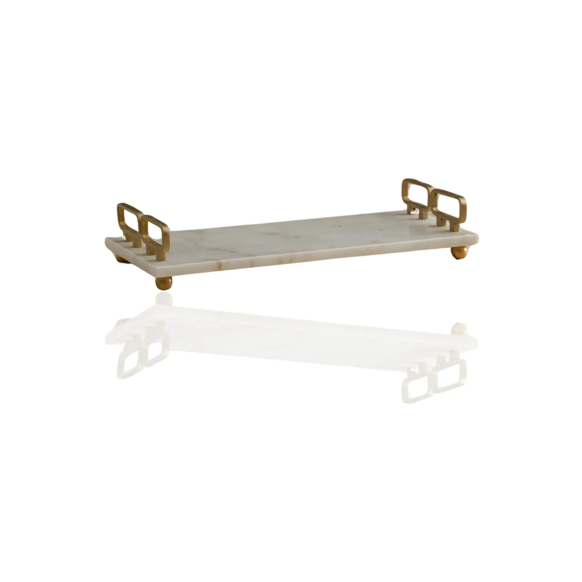 Rectangular Marble Tray with Double Square Handles - White, Gold image