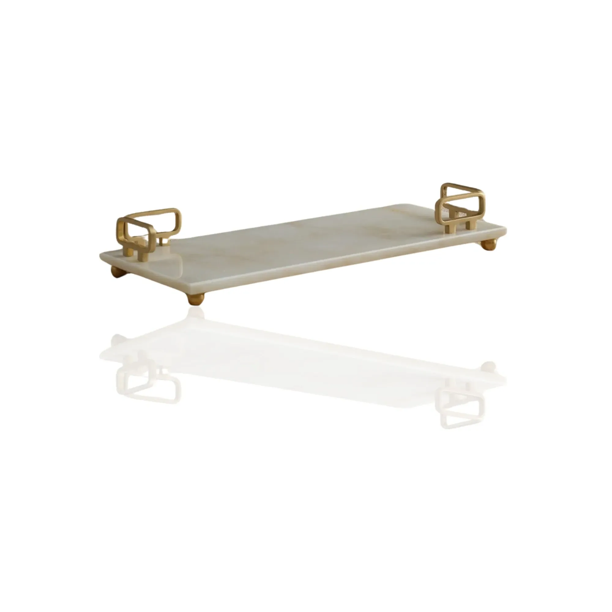 Rectangular Marble Tray with L-Shaped Handles - White, Gold image