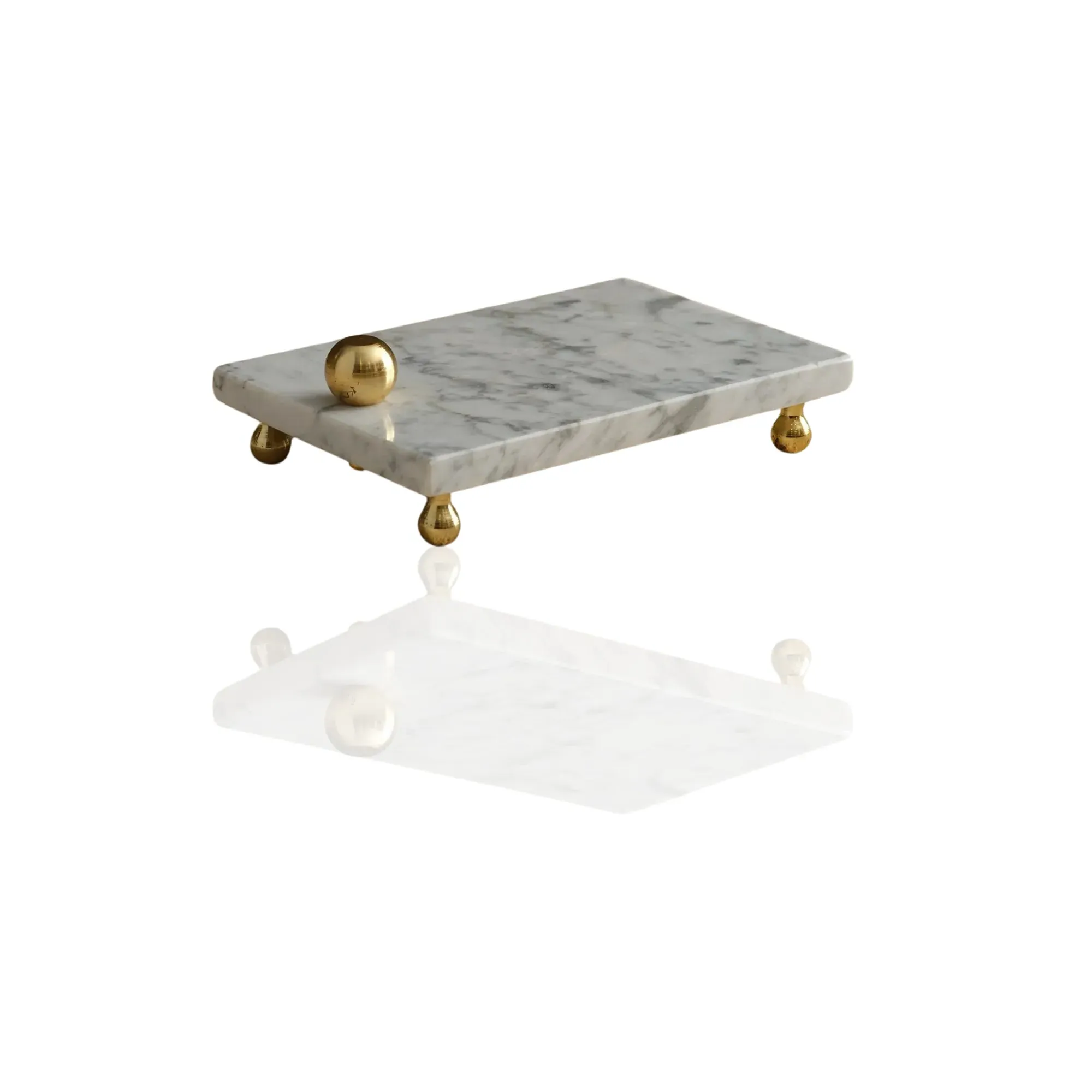 Rectangular Serving Board with Gold Sphere Detail - White, Marble