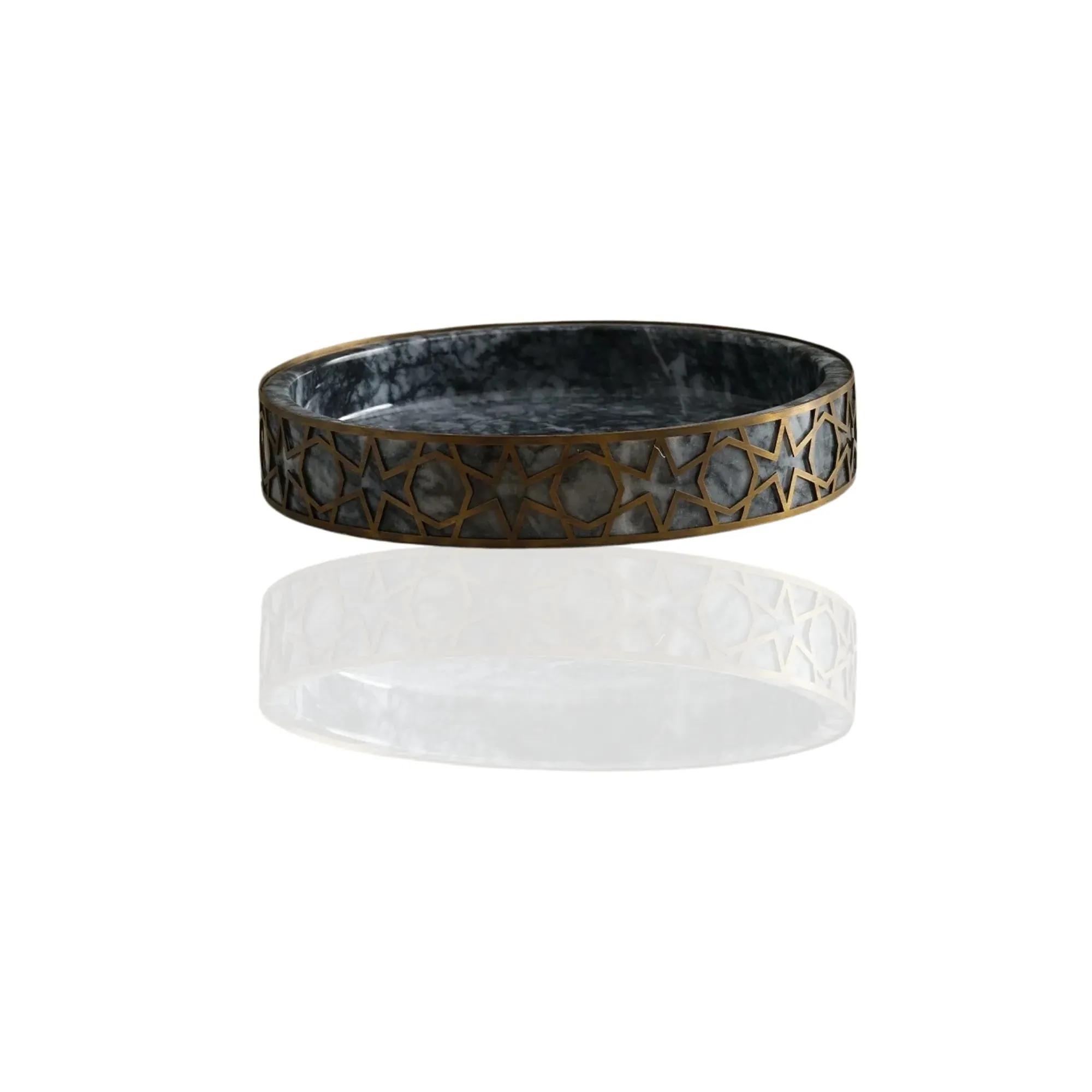 Rectangular Serving Tray with Geometric Brass Frame - Black, Marble image