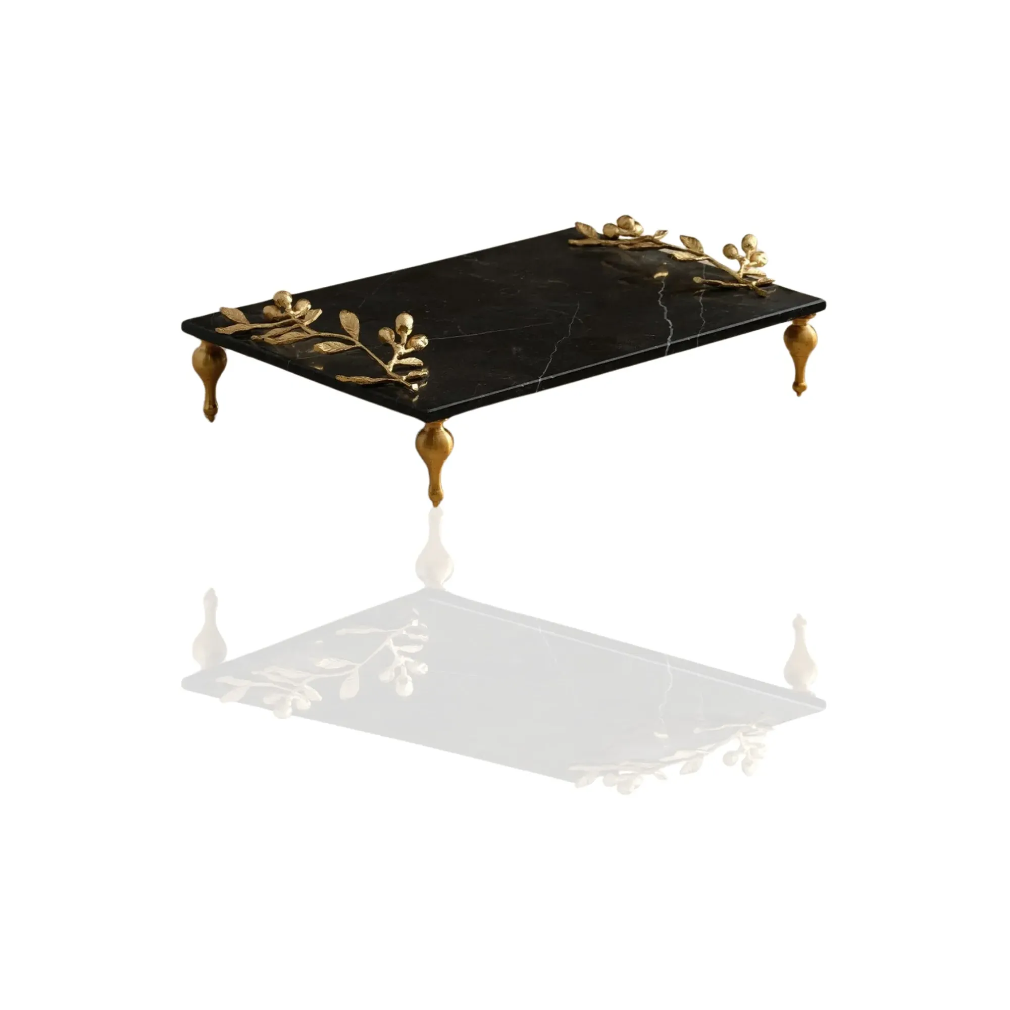 Rectangular Serving Tray with Olive Branch Accents - Black, Marble