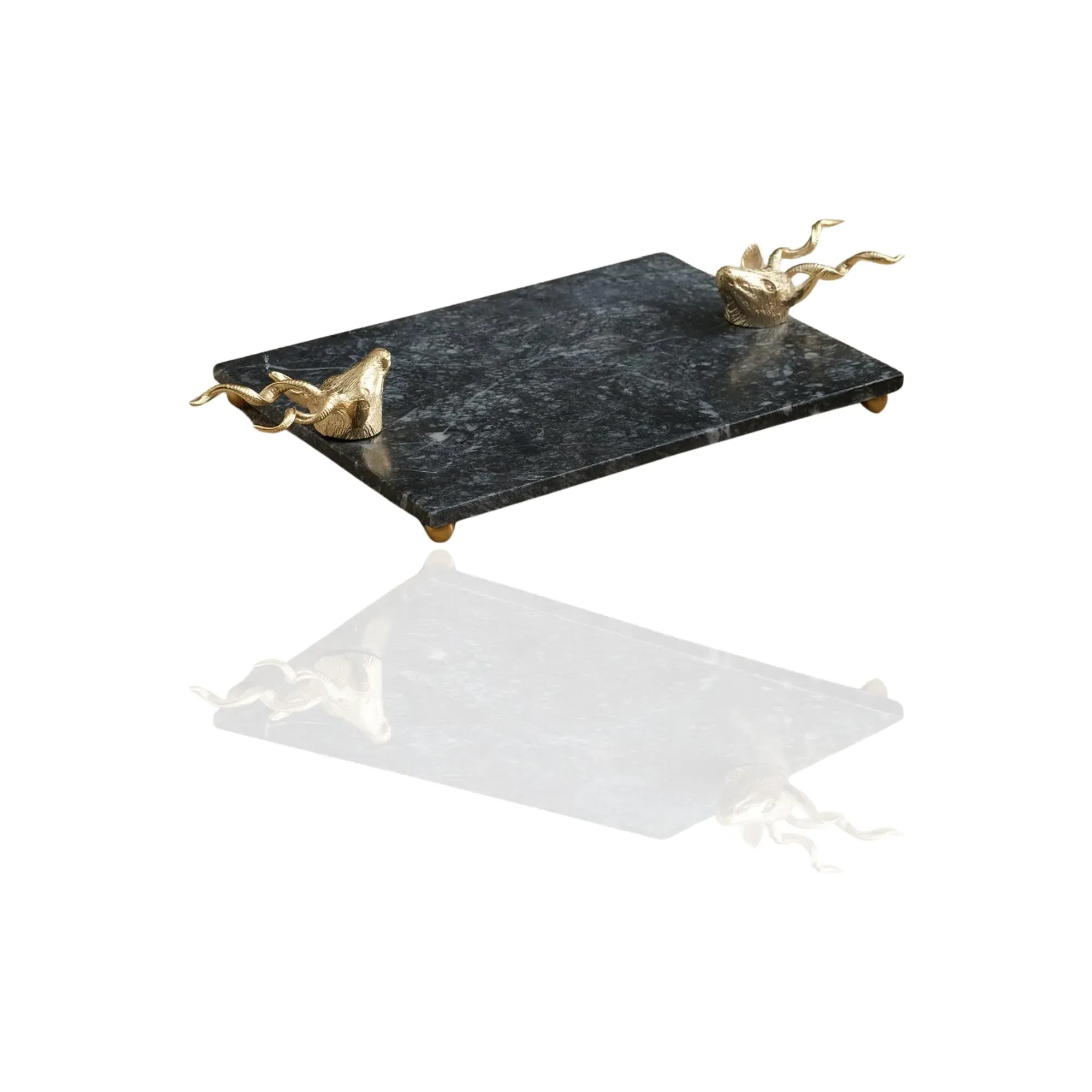Rectangular Serving Tray with Twin Deer Handles - Black, Marble