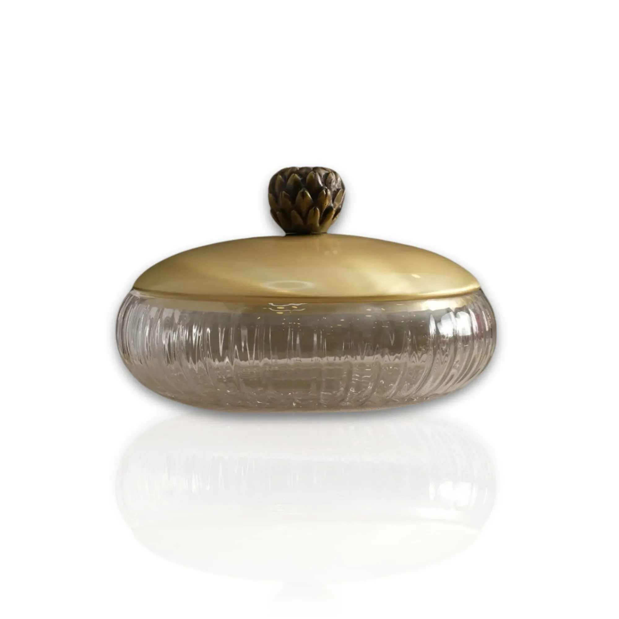 Ribbed Glass Serving Bowl with Brass Lid - Gold, Glass