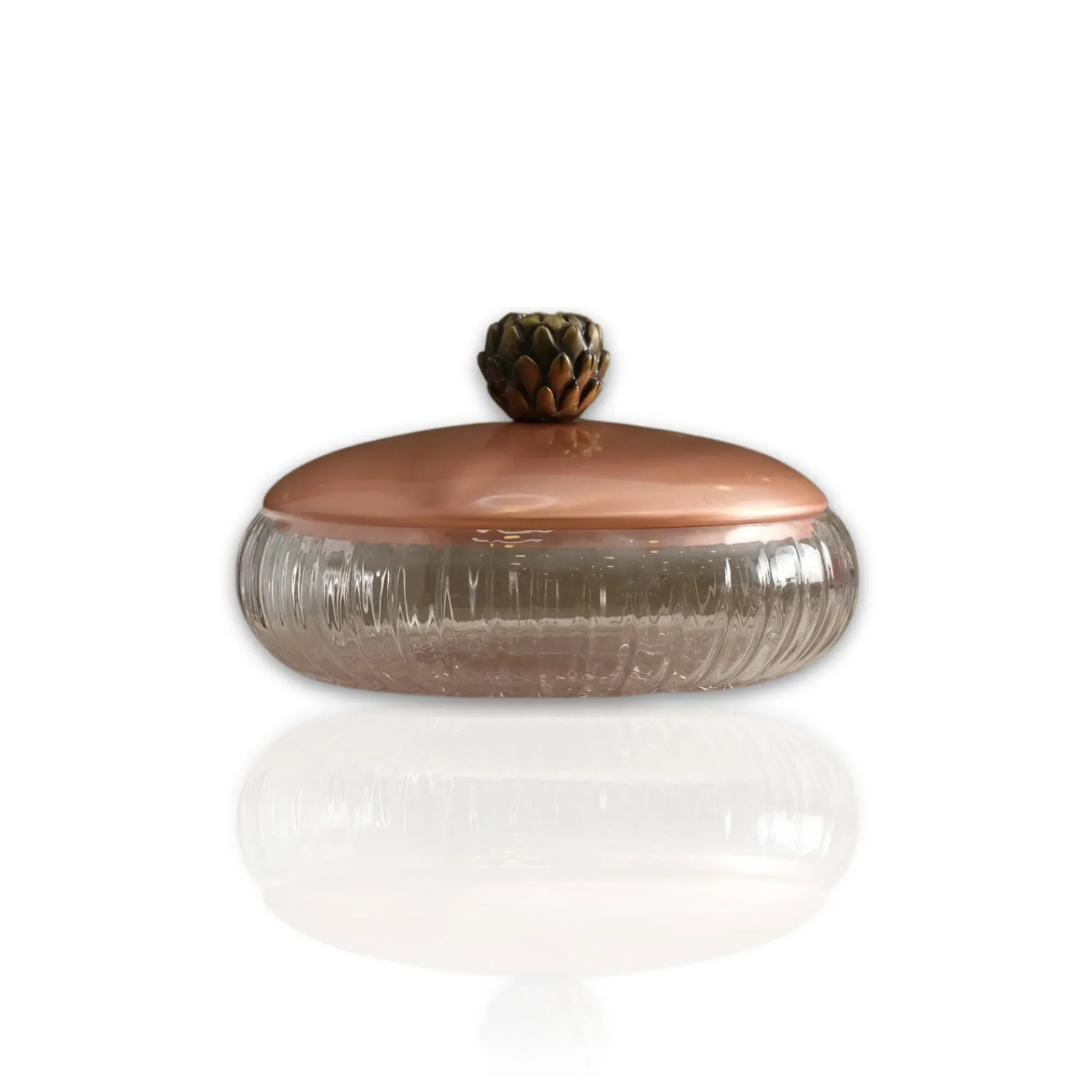 Ribbed Glass Serving Bowl with Brass Lid - Rose Gold, Glass image