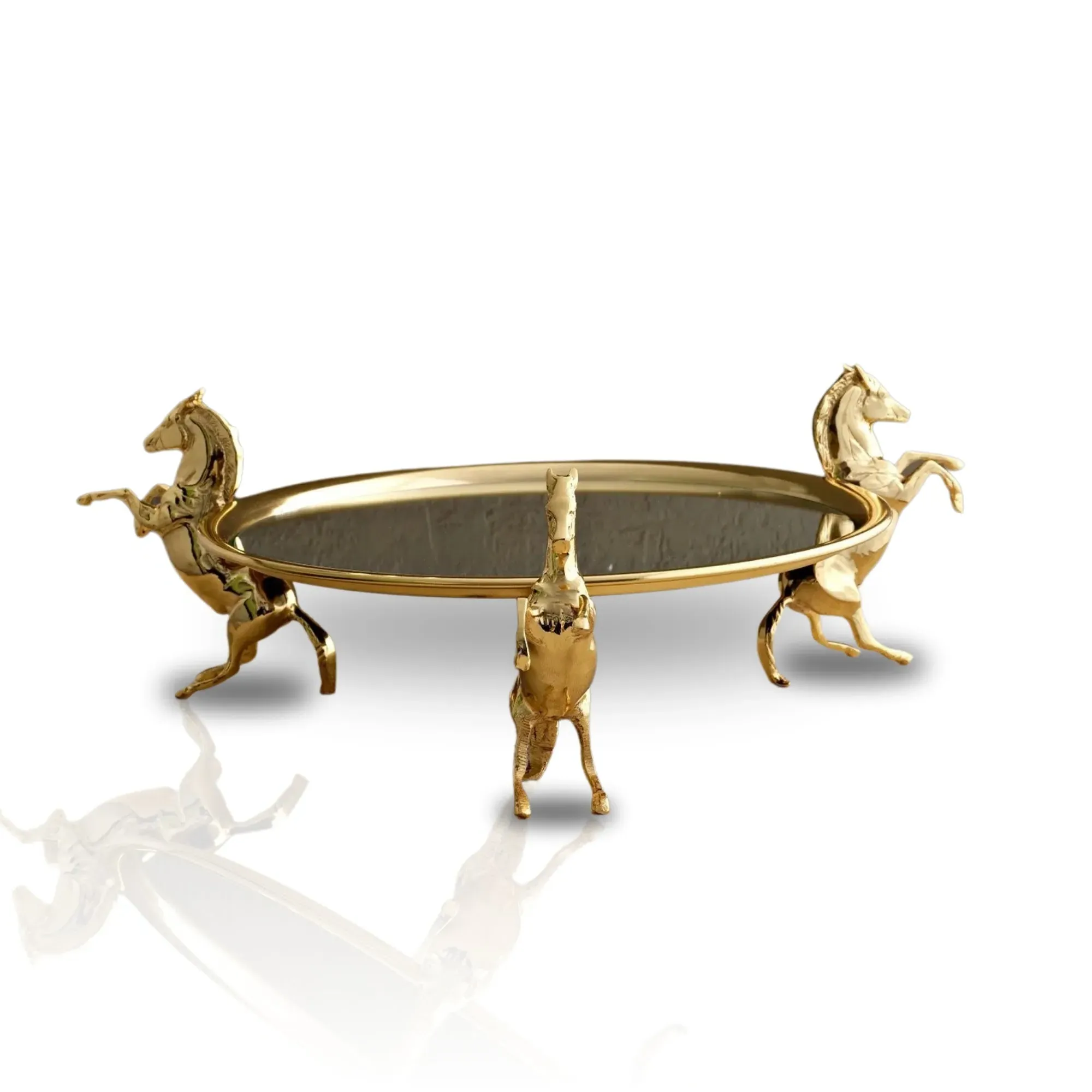 Round Brass Tray with Horse Base - Gold, Mirrored Surface