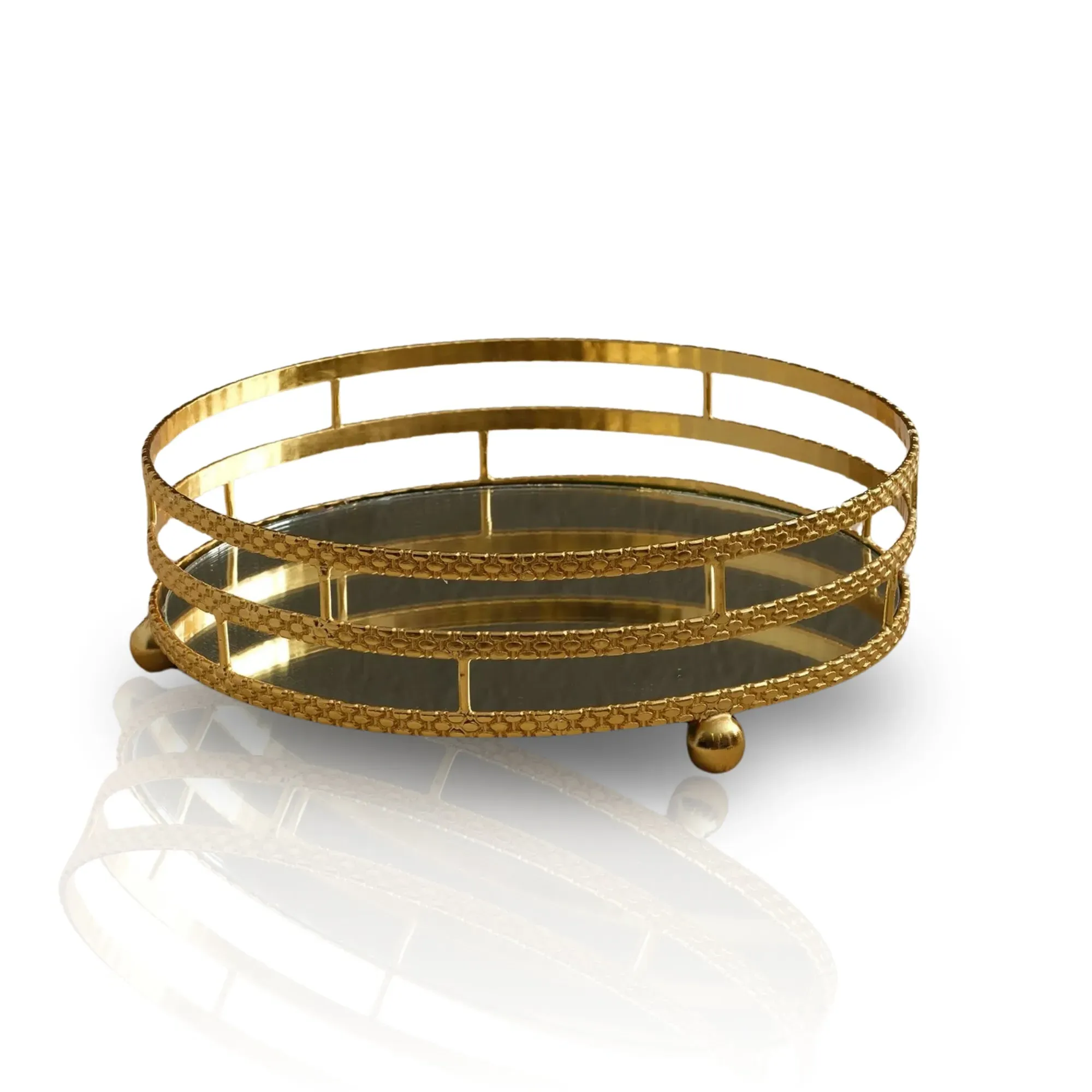 Round Brass Tray with Woven Detailing - Gold, Mirrored Base image