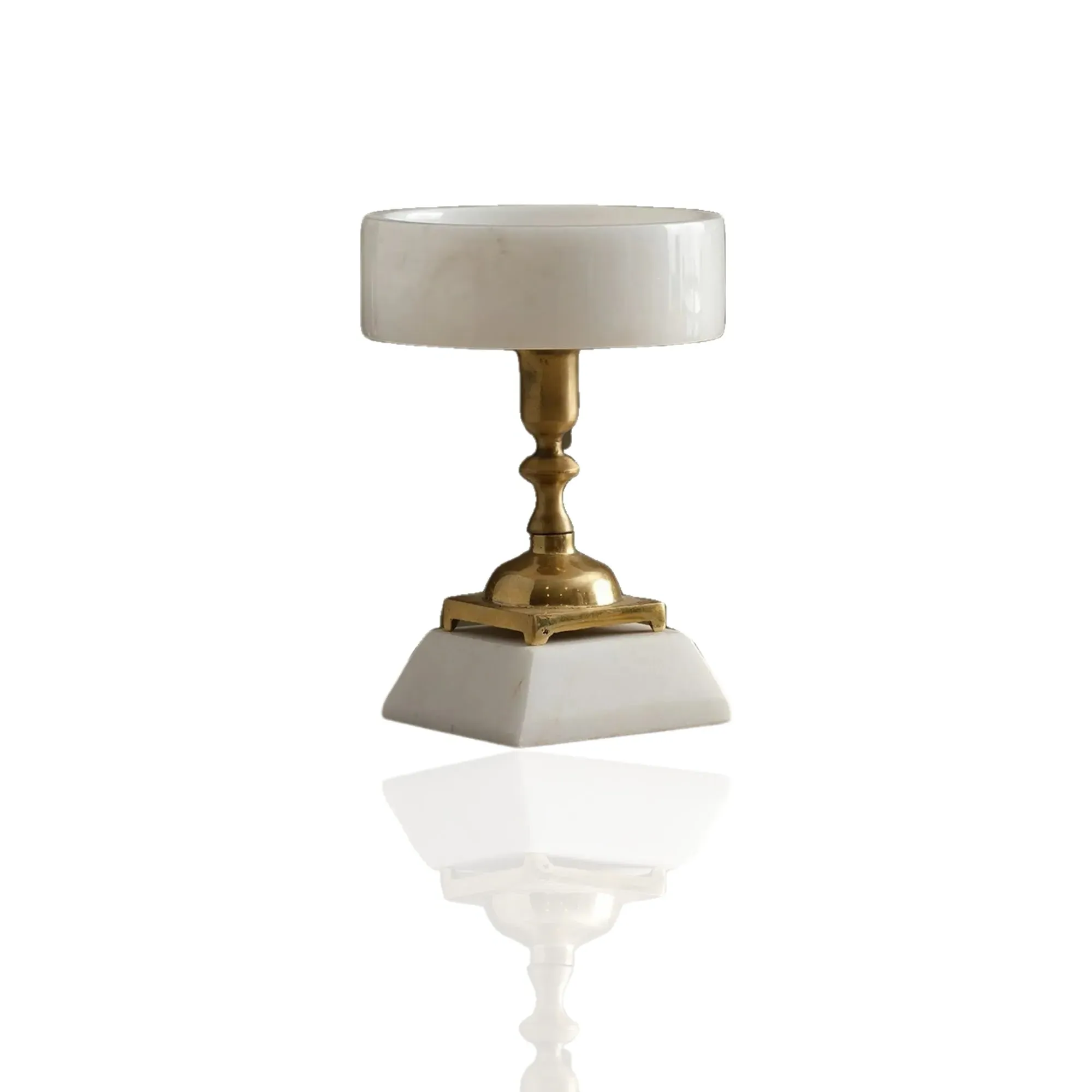 Round Marble Serving Stand with Brass Pedestal - Gold, White image