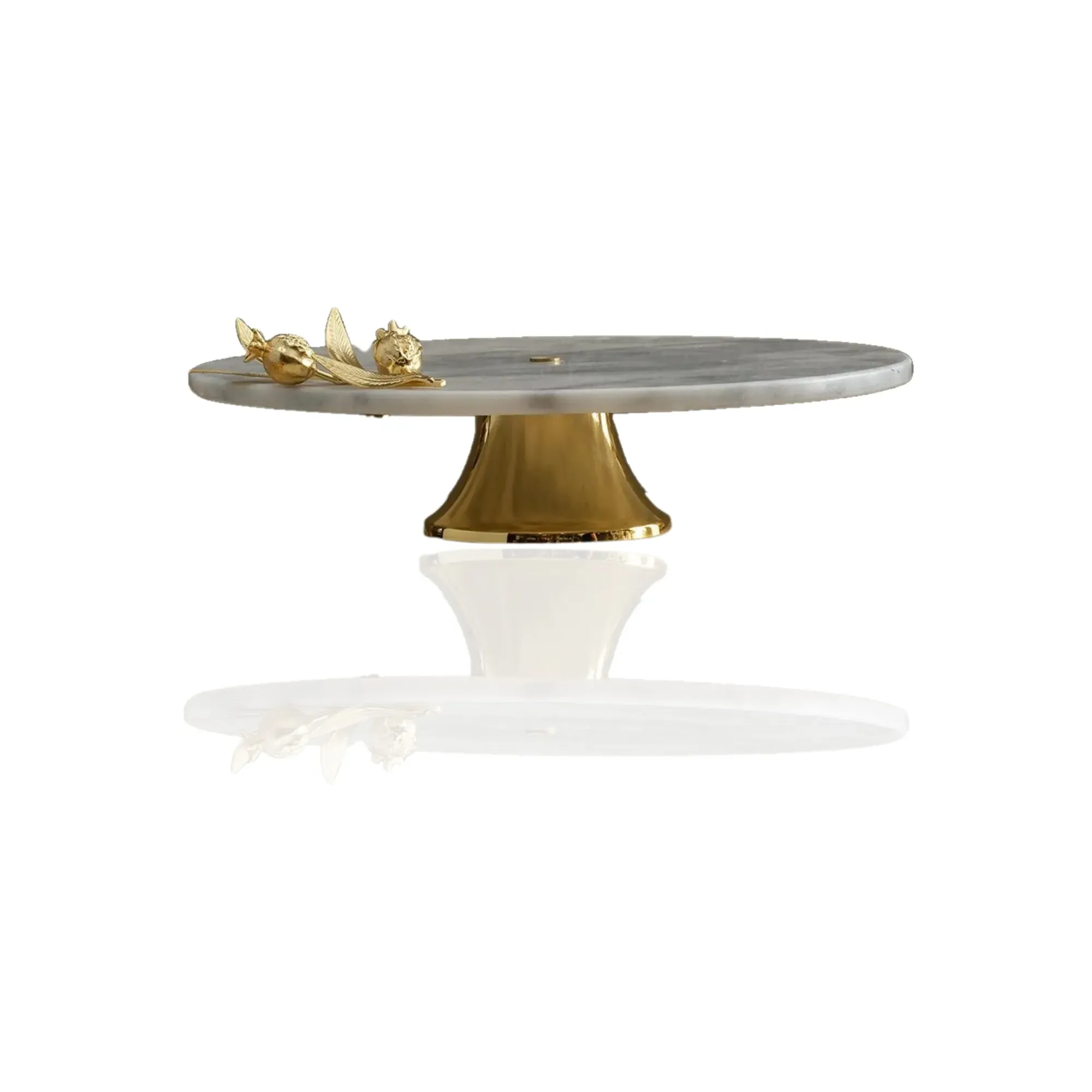 Round Marble Serving Stand with Pomegranate Detail - Gold, White