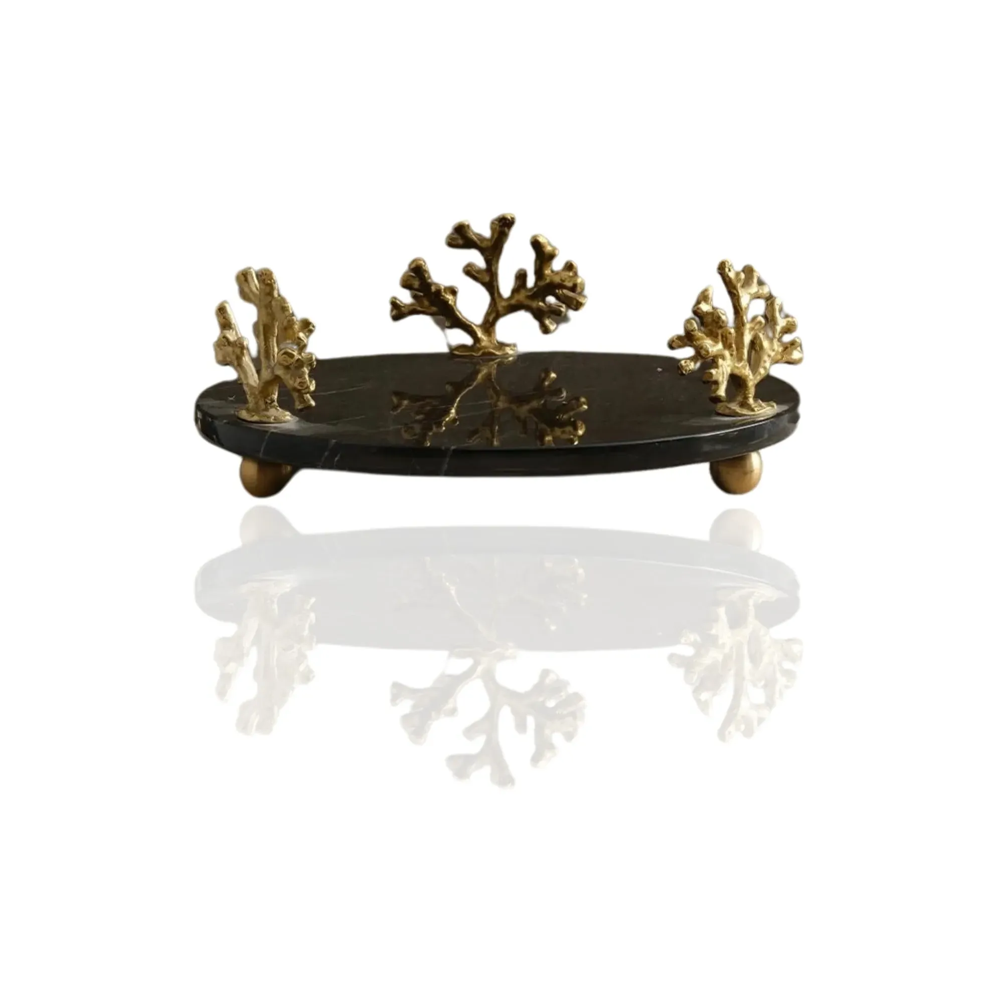 Round Marble Tray with Coral Accents - Black, Glass