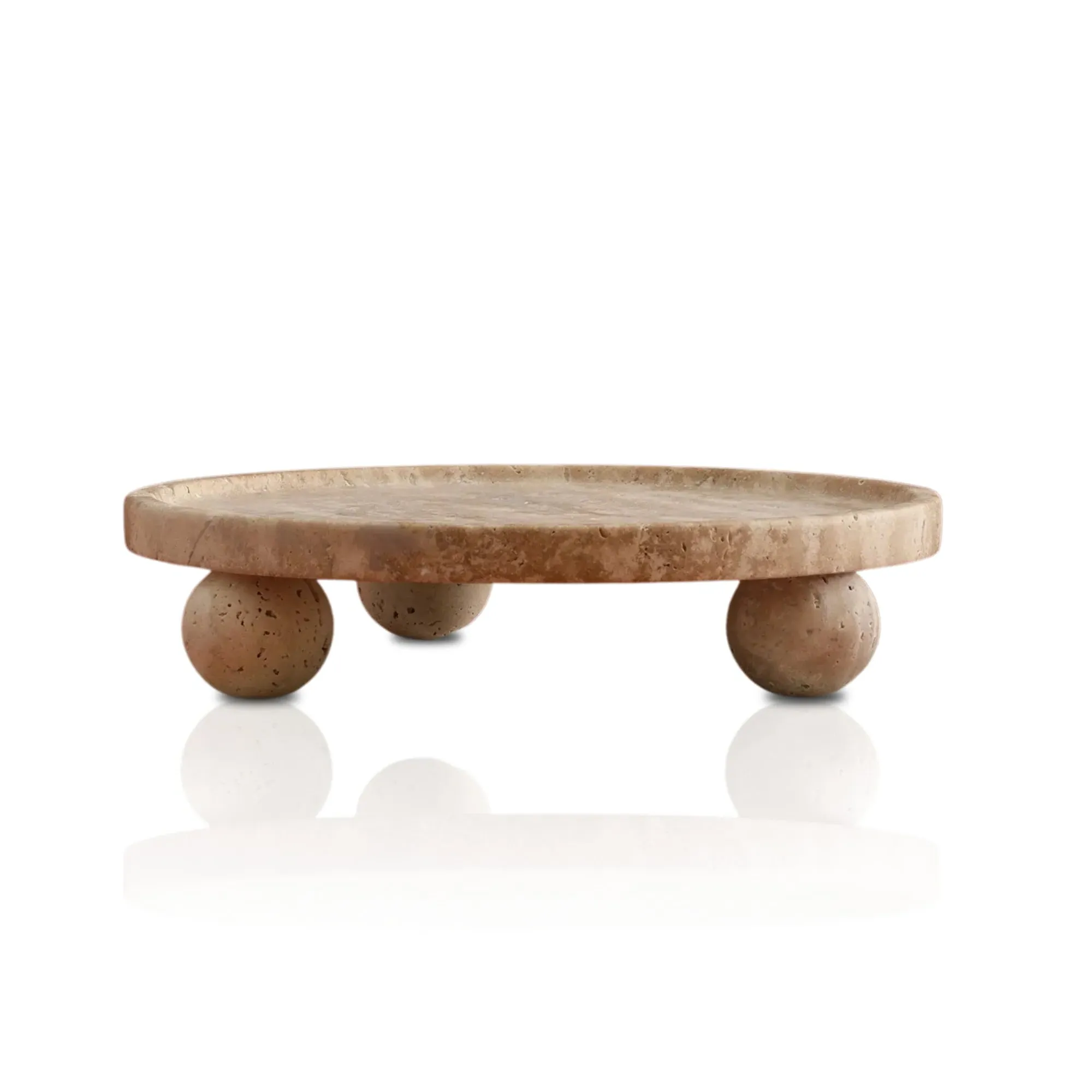 Round Travertine Pedestal Tray with Sphere Feet - Beige