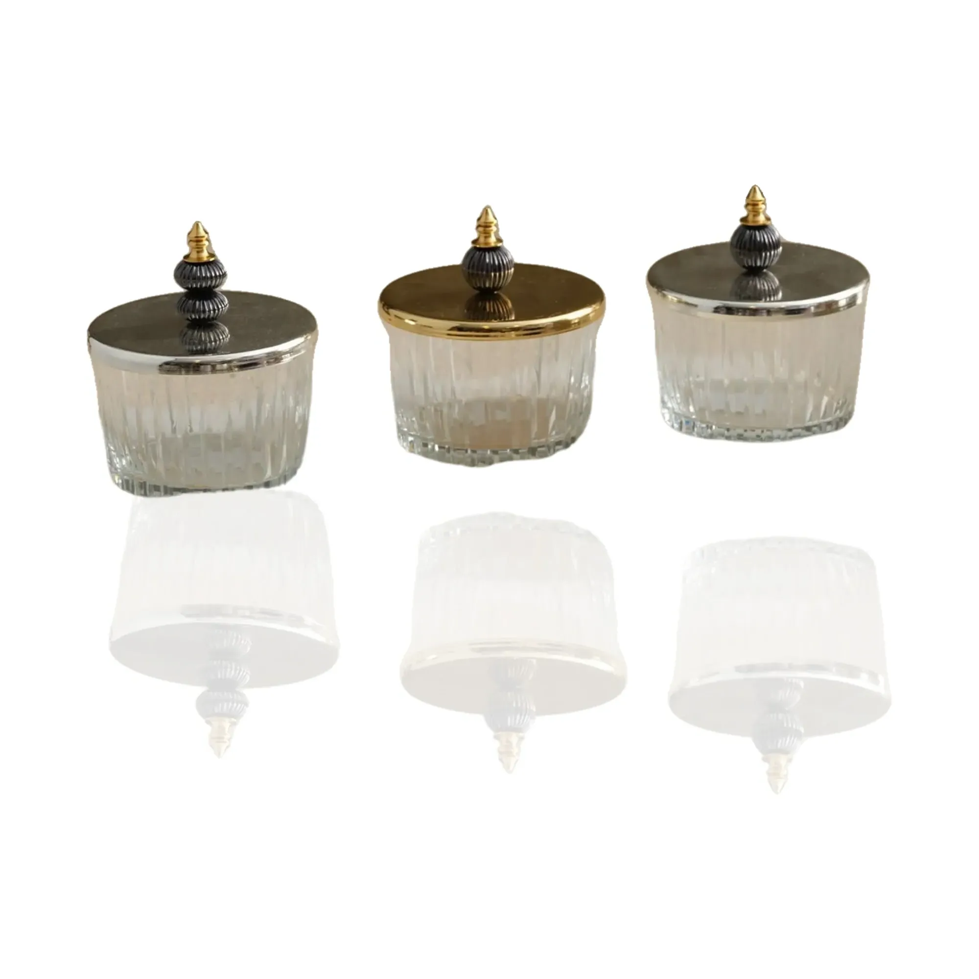 Set of 3 Lidded Glass Bowls with Mixed Metal Tops - Silver