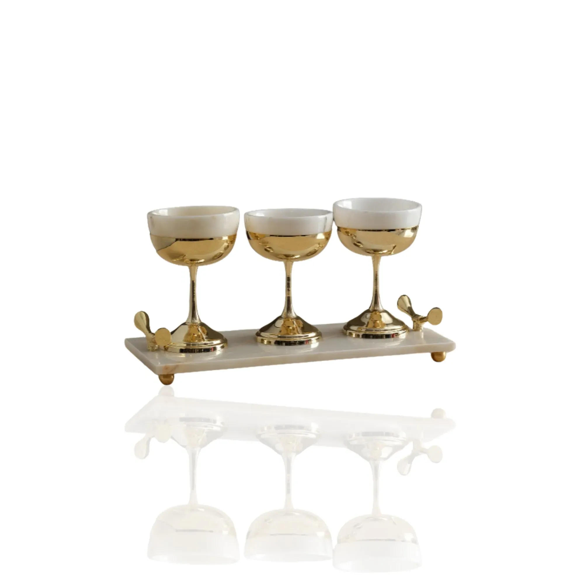 Set of Three Dessert Bowls with Marble Tray - Gold, White