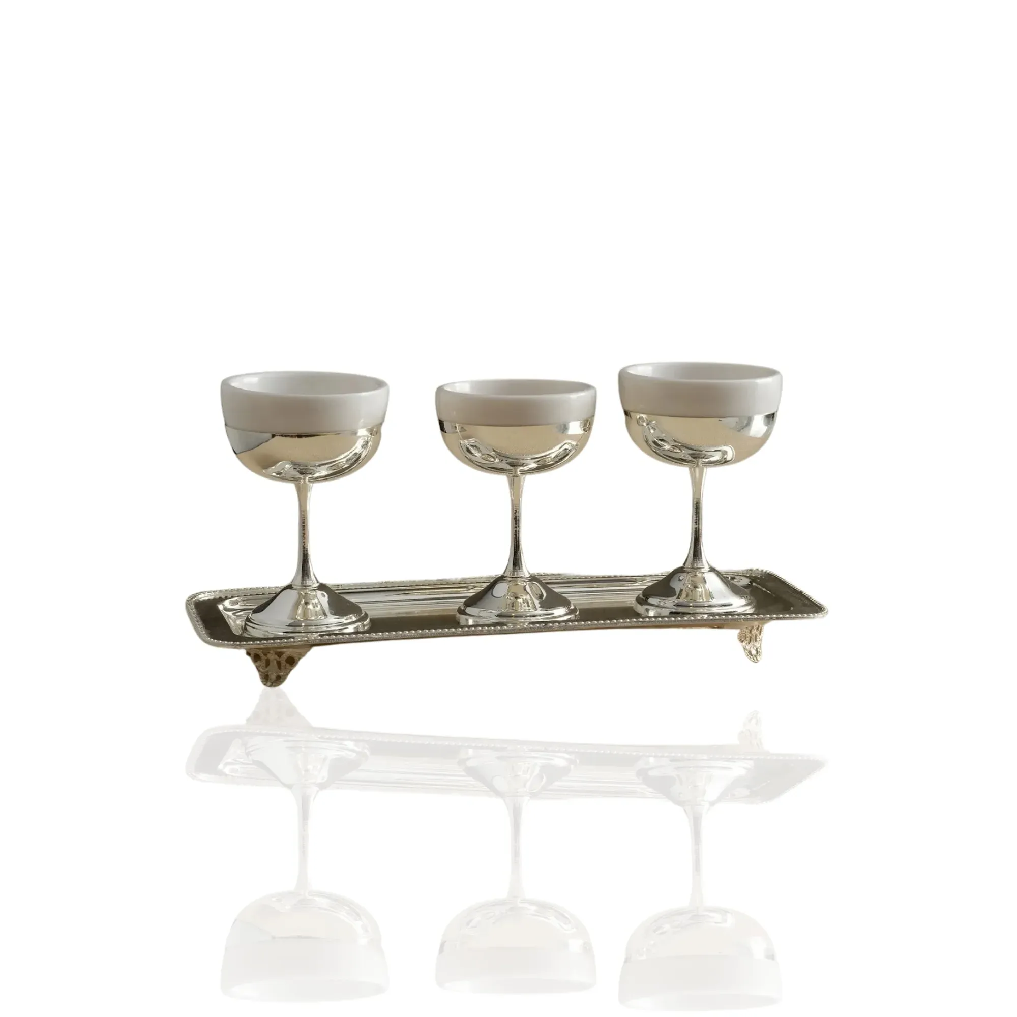 Set of Three Dessert Bowls with Marble Tray - Silver, White