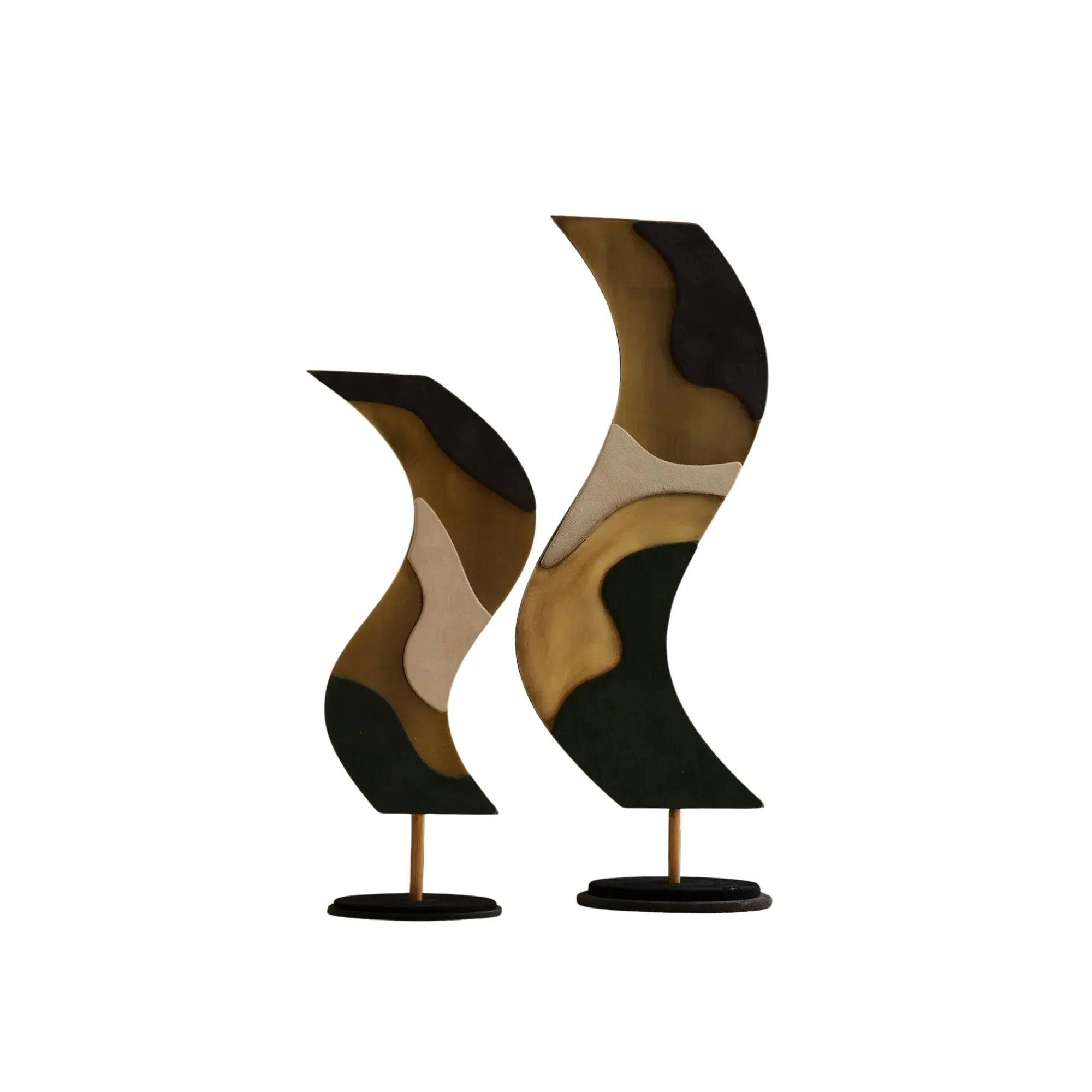 Set Of Two Abstract Velvet & Wood Sculptural Decor - Black/Brown