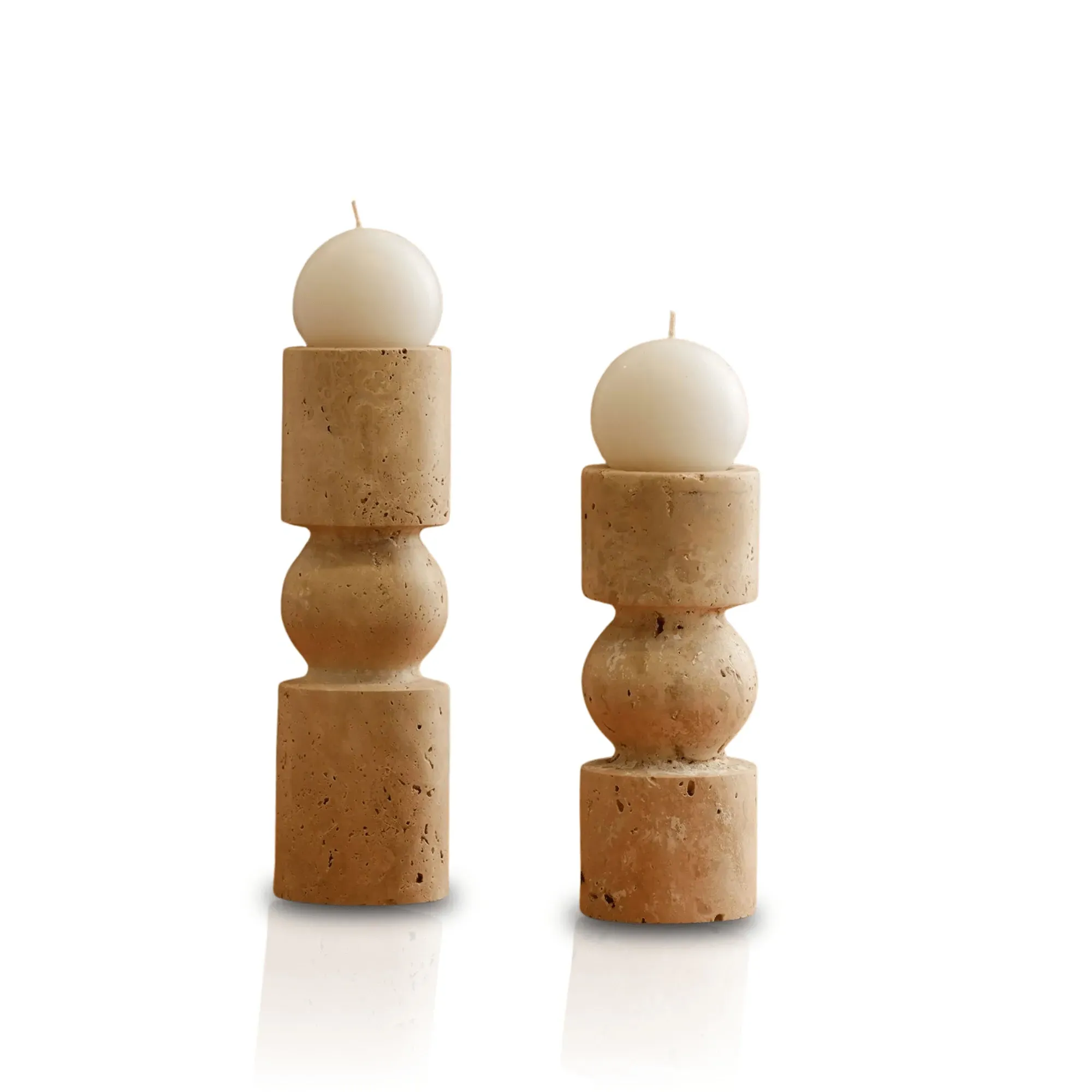 Set Of Two Beige Travertine Candle Holders - White