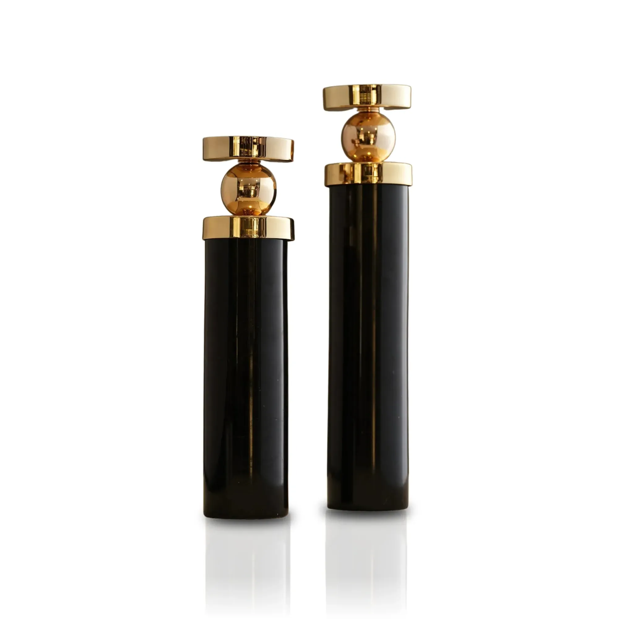 Set Of Two Black Marble Cylinder Candle Holders - Black, Brass