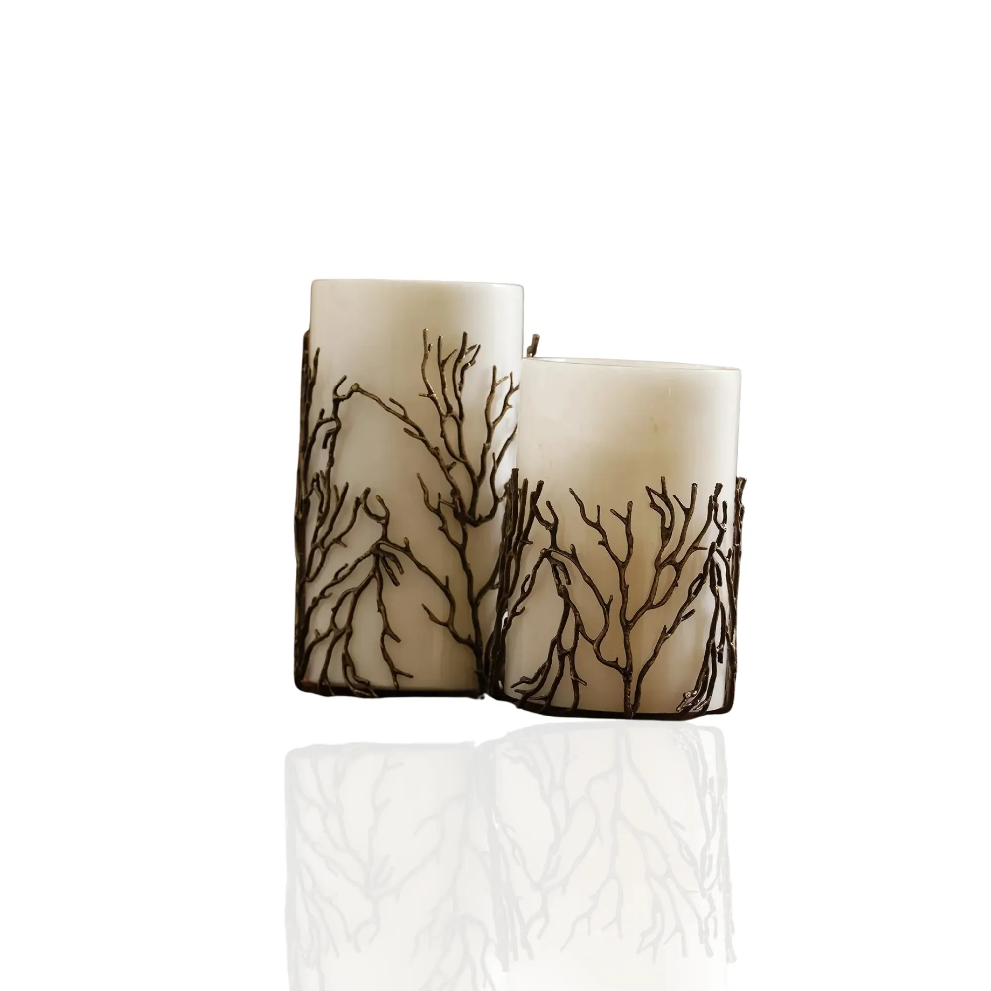 Set Of Two Brass Branch-Embellished Vases - White, Marble