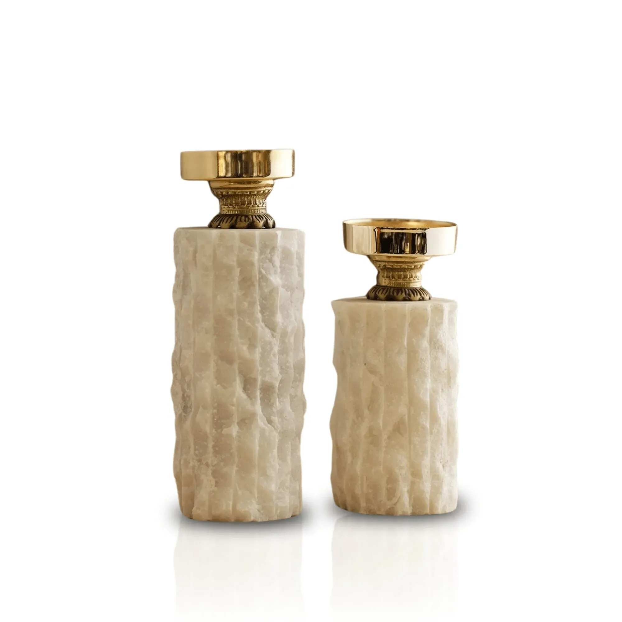 Set Of Two Carved Alabaster & Brass Candle Holders - Gold