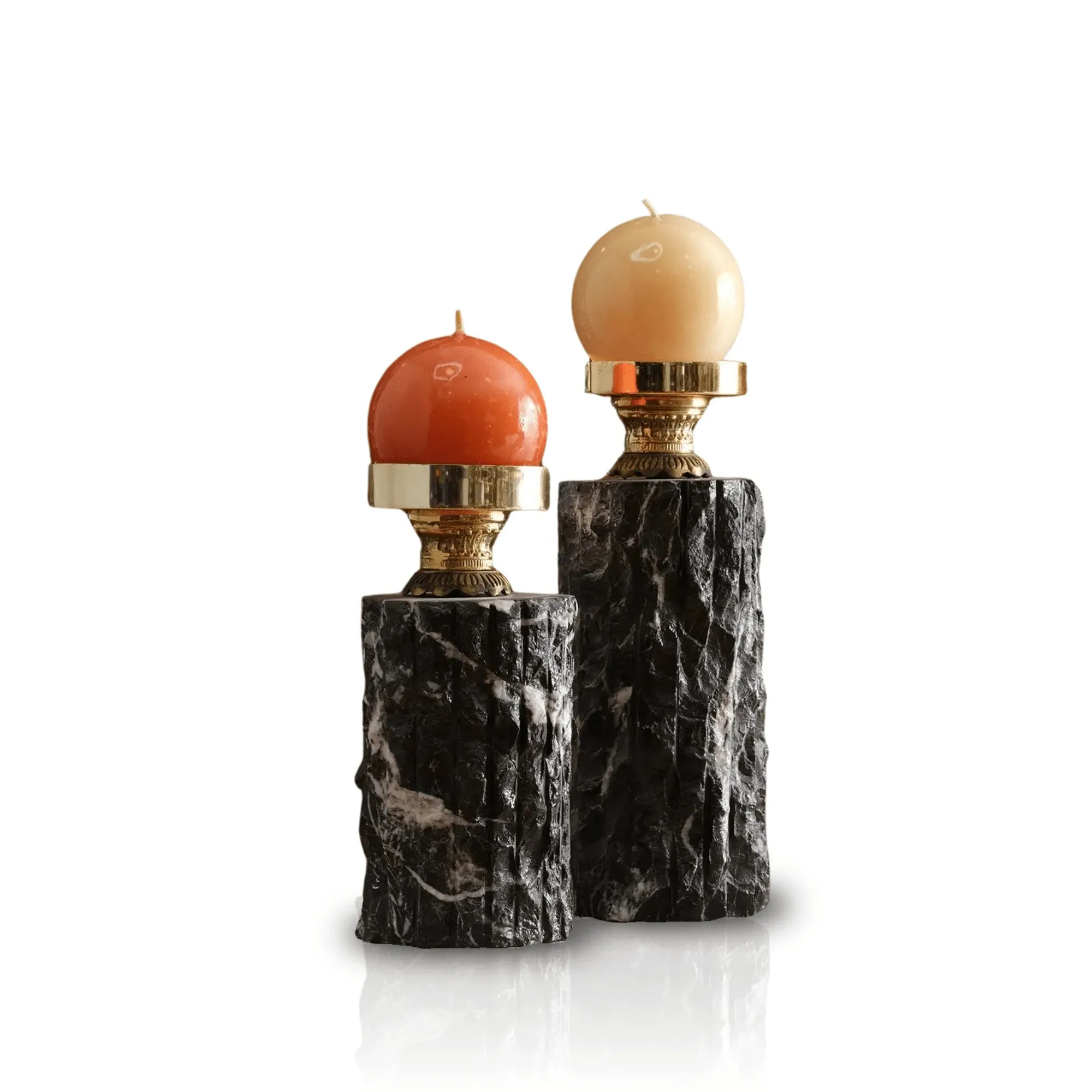 Set Of Two Carved Black Marble Candle Holders - Black, Brass