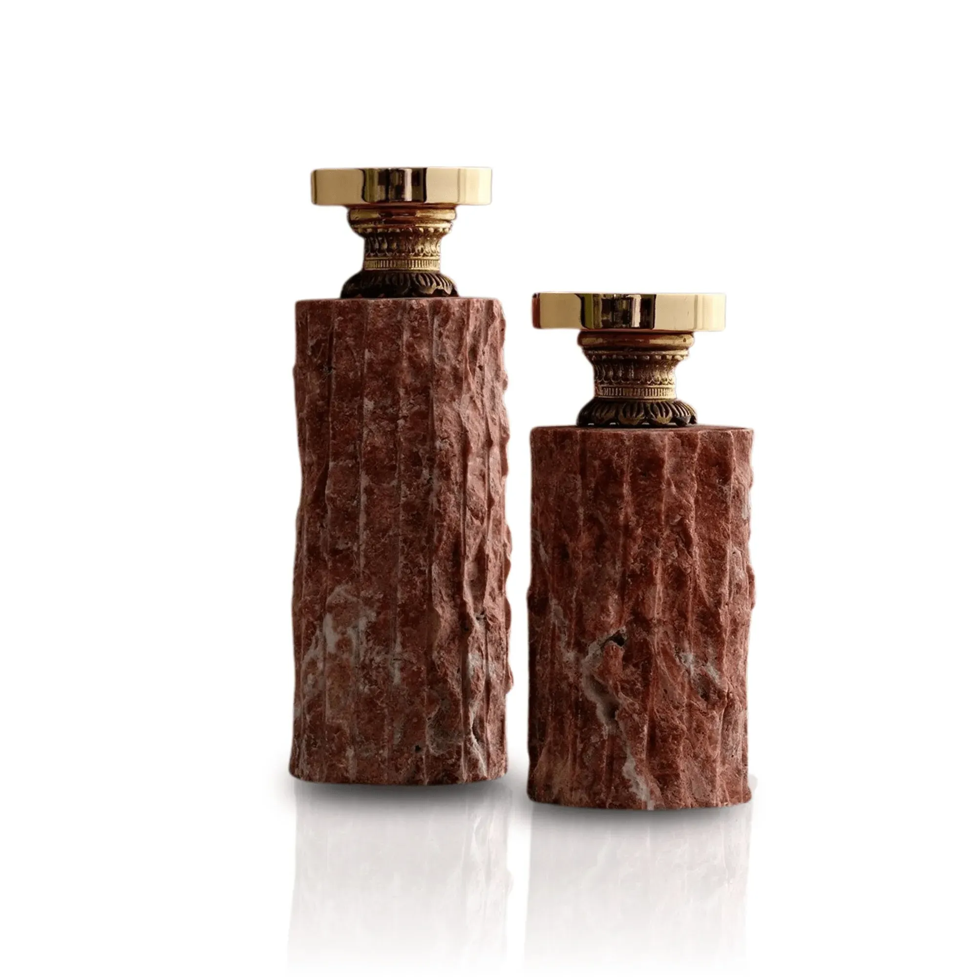 Set Of Two Carved Red Marble & Brass Candle Holders - Red