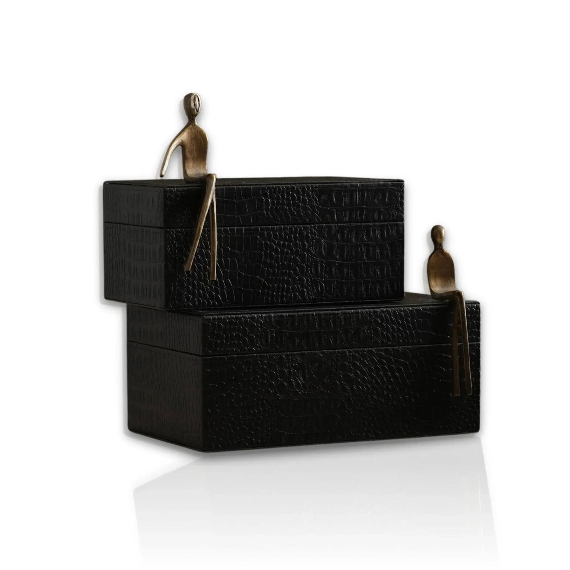 Set Of Two Croc-Embossed Leather Box Set with Brass Figures - Black