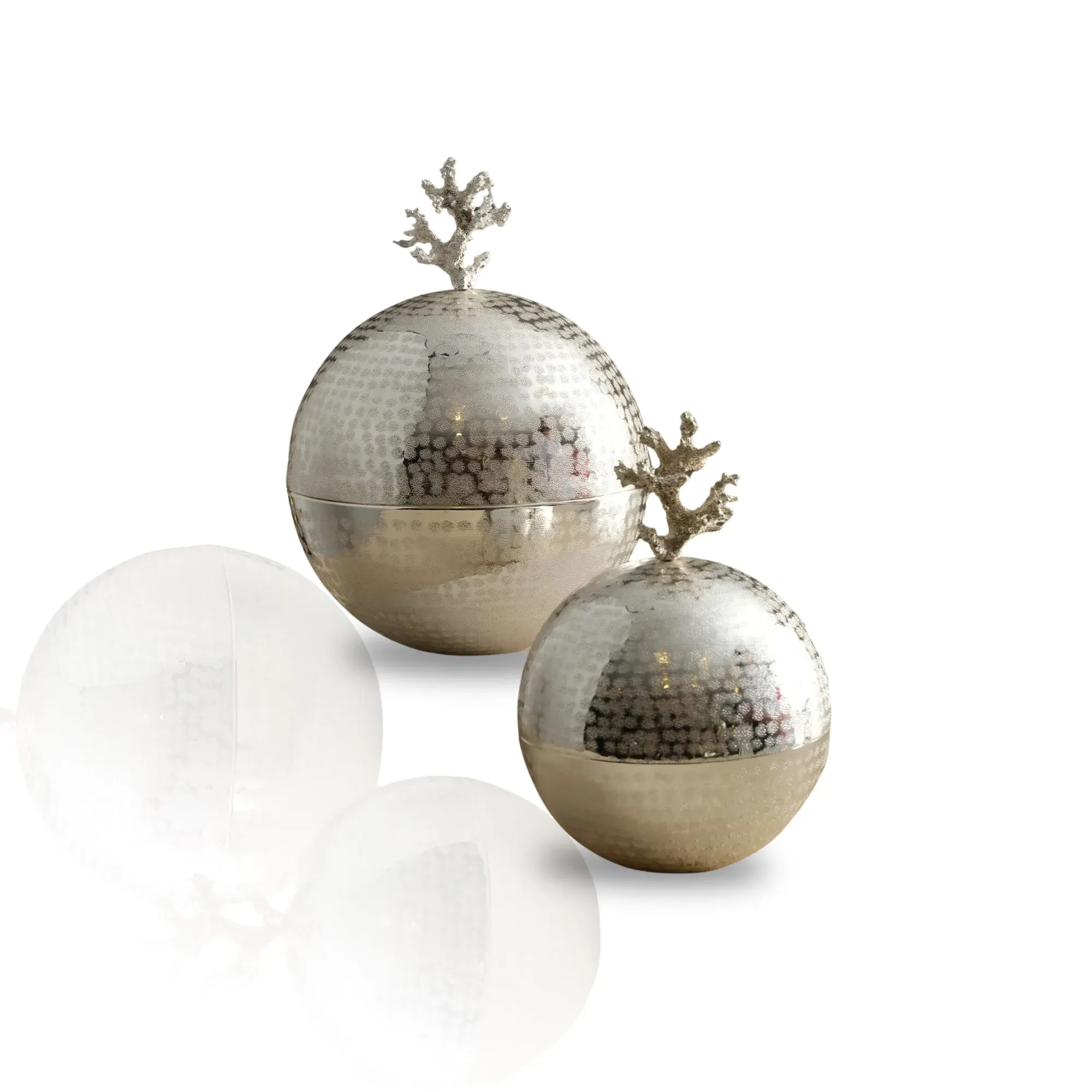 Set of Two Hammered Brass Spheres with Storage - Silver