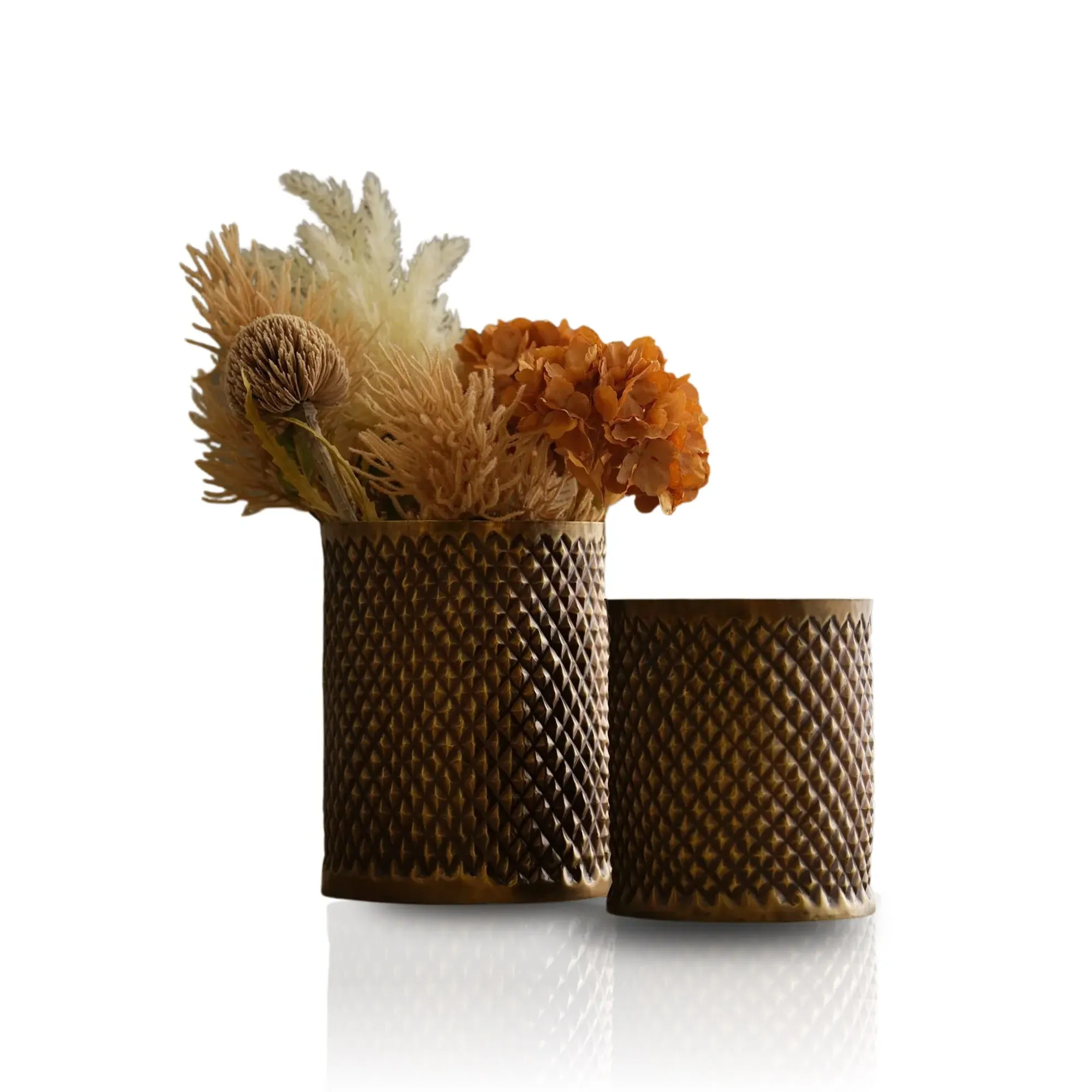 Set Of Two Hand-Embossed Vases - Gold, Brass