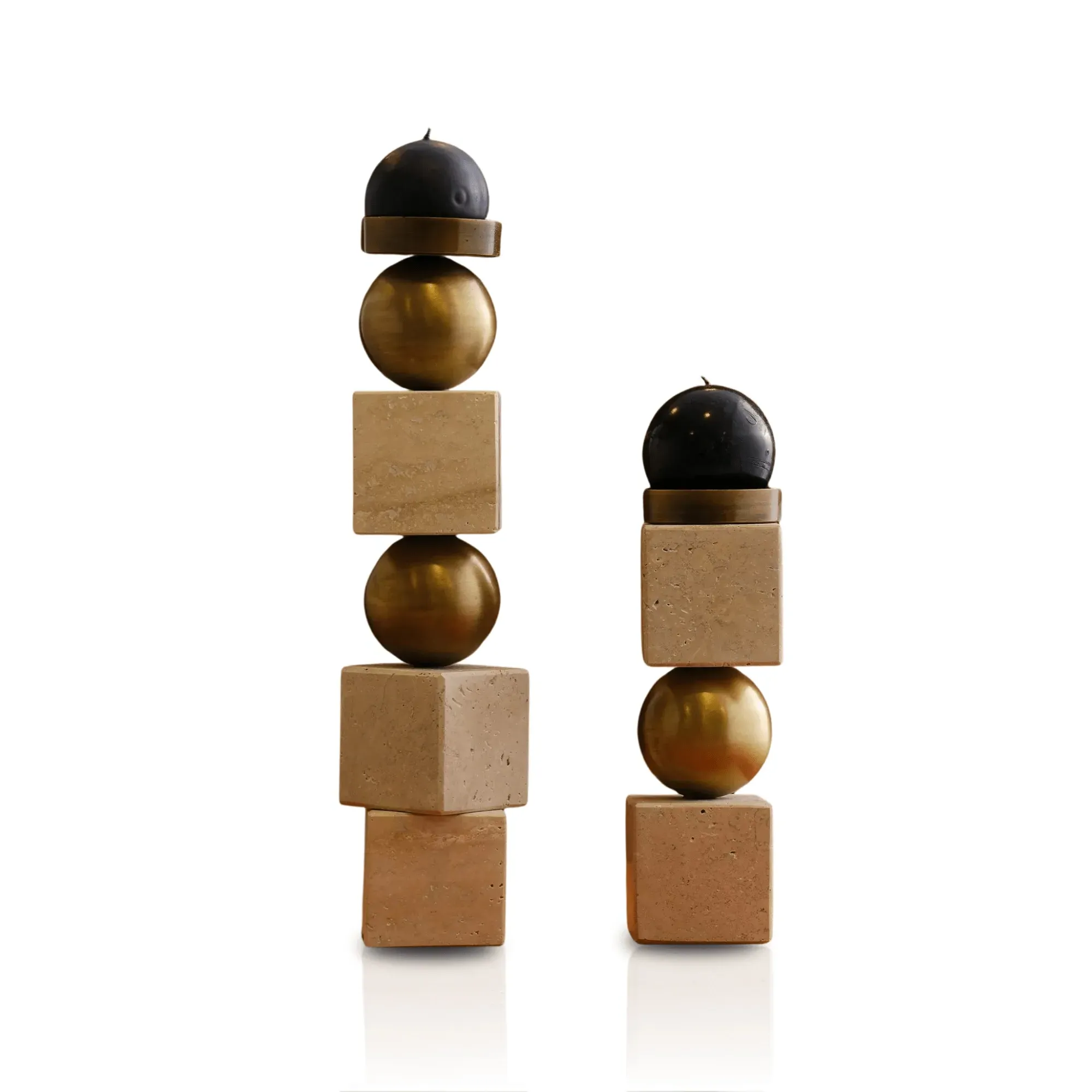 Set Of Two Handmade Travertine Candleholders - Black, Brass image