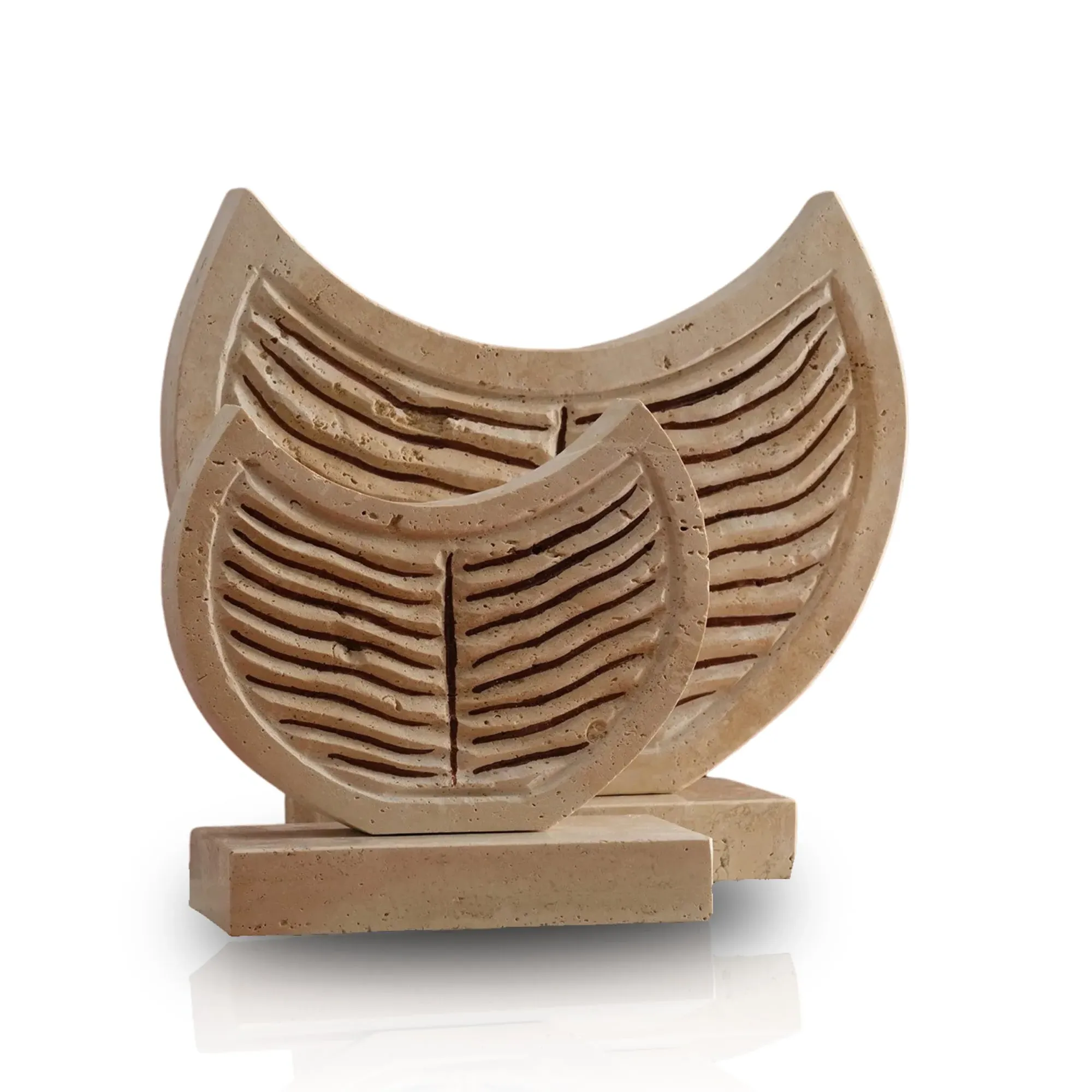 Set of Two Handmade Travertine Crescent Decor Pieces - Brown