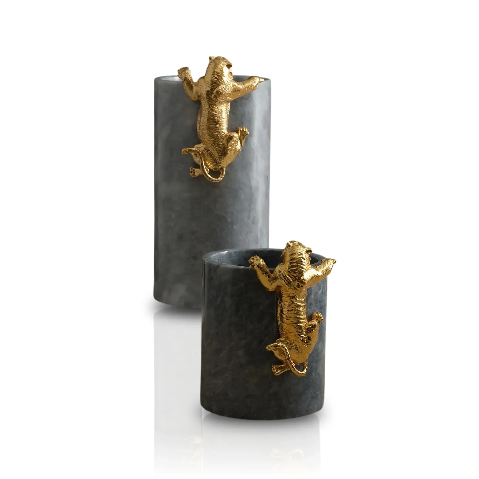 Set Of Two Leopard Marble Vase Set with Brass Detail - Gold, Grey