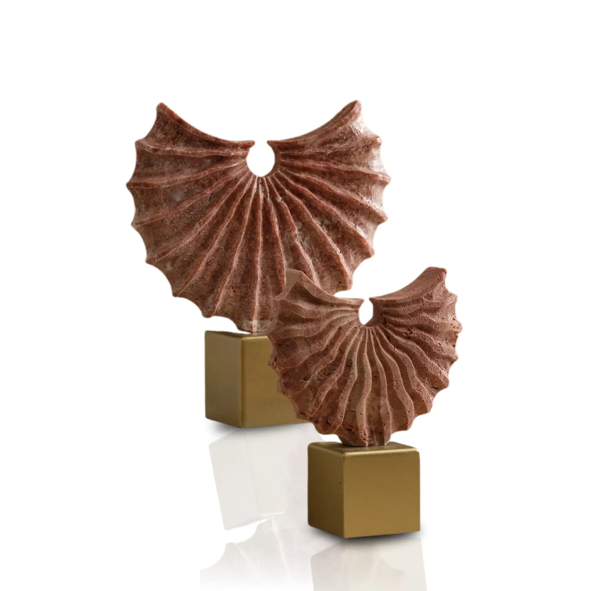 Set of Two Terracotta Fan Sculptures - Orange, Gold Base