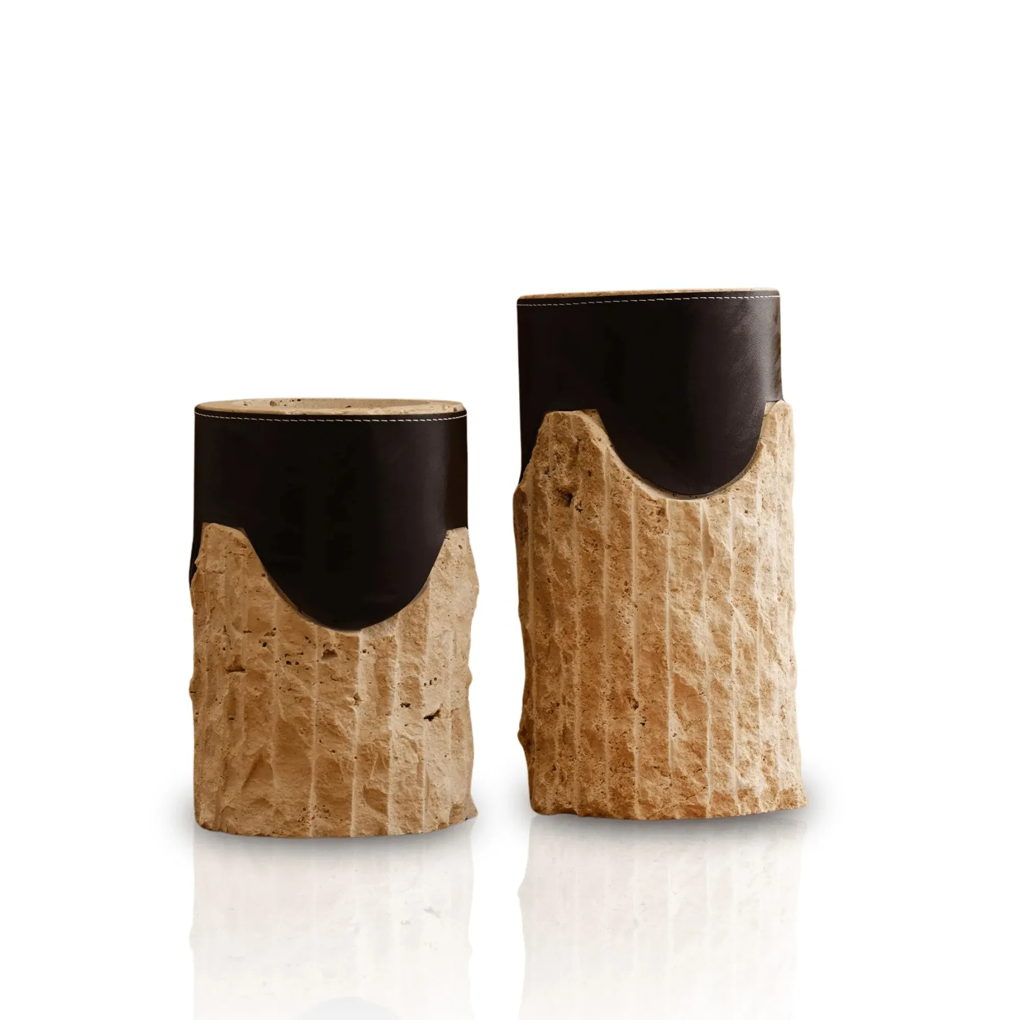 Set of Two Travertine Vases - Beige, Brown Leather