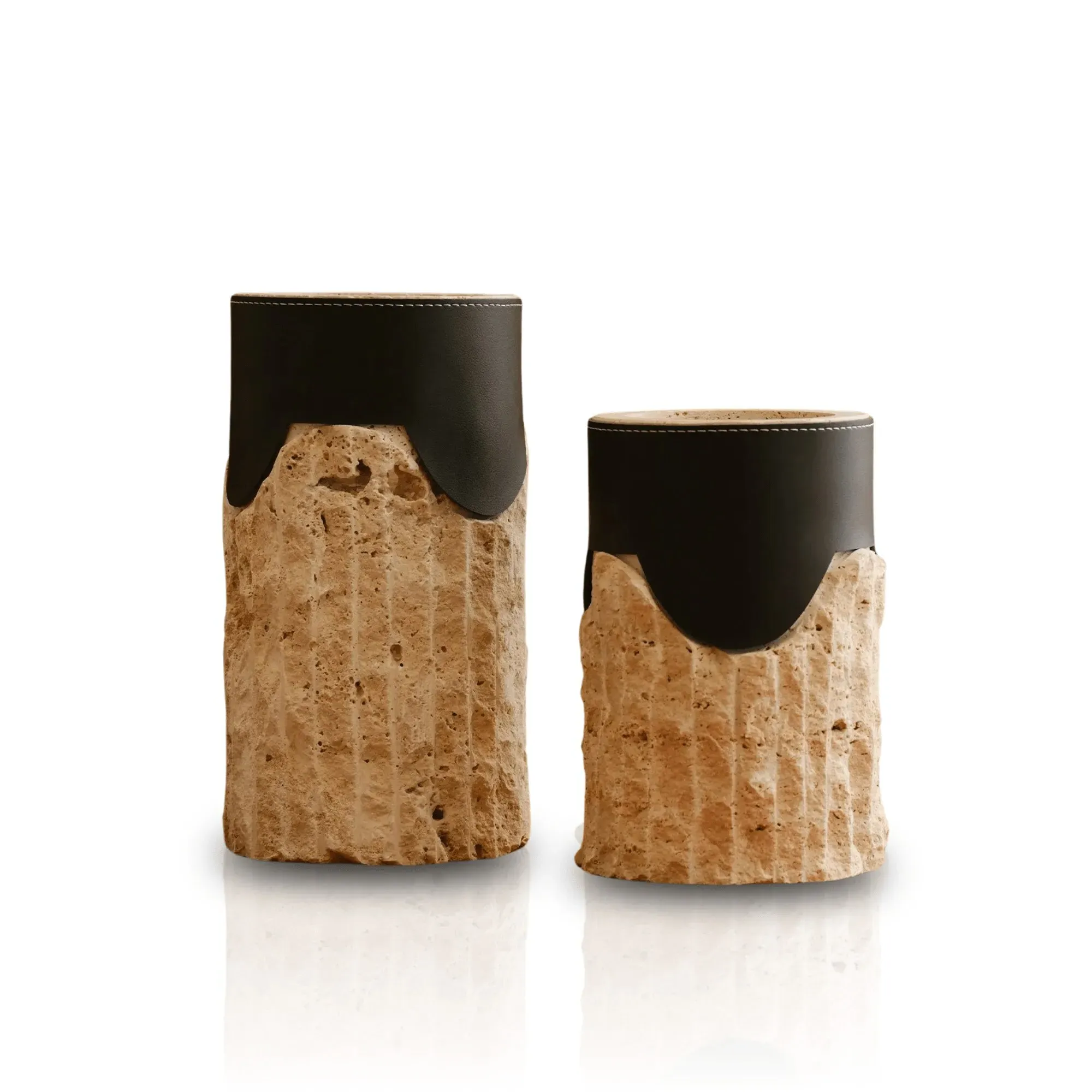 Set of Two Travertine Vases with Leather Wrap - Black