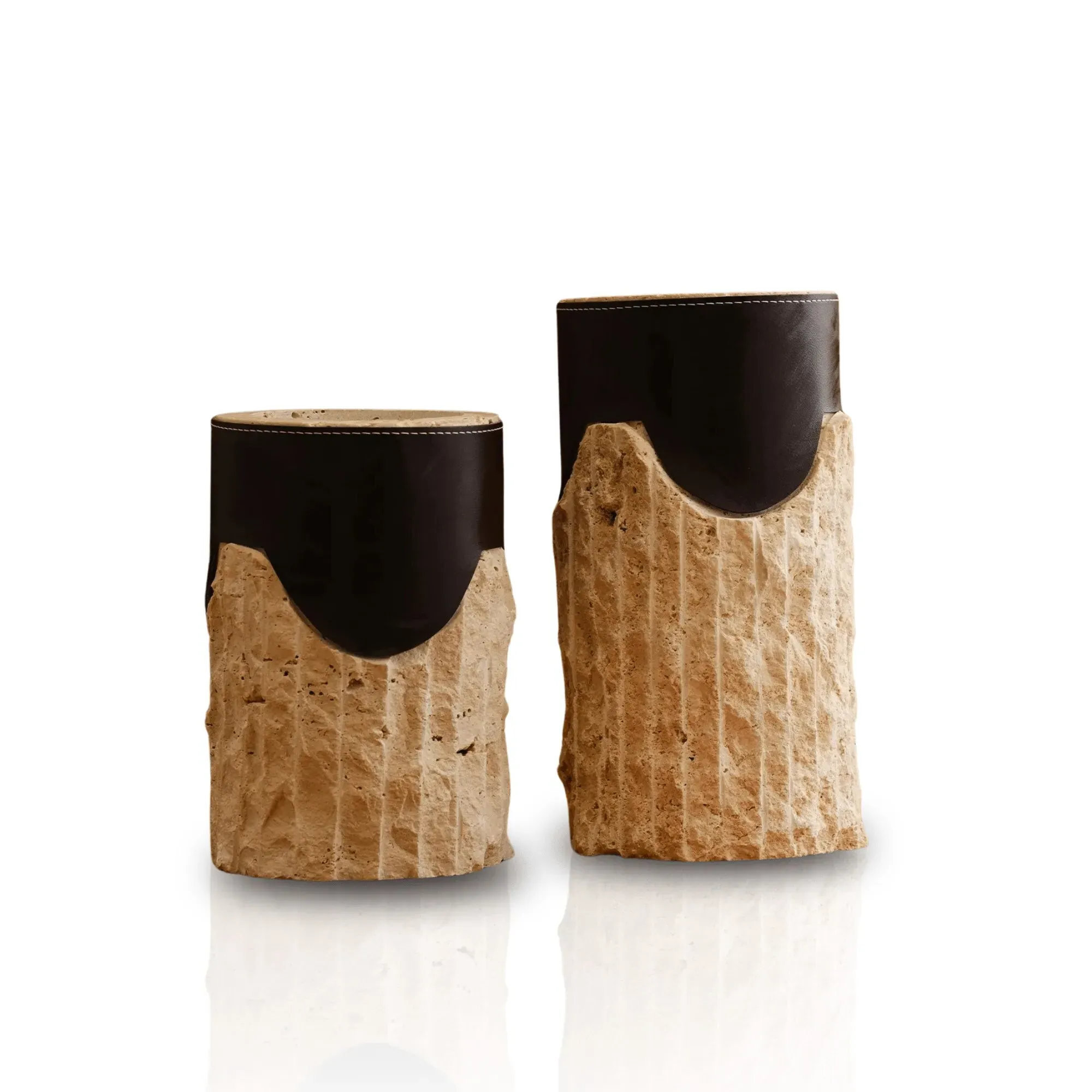 Set of Two Travertine Vases with Leather Wrap - Brown