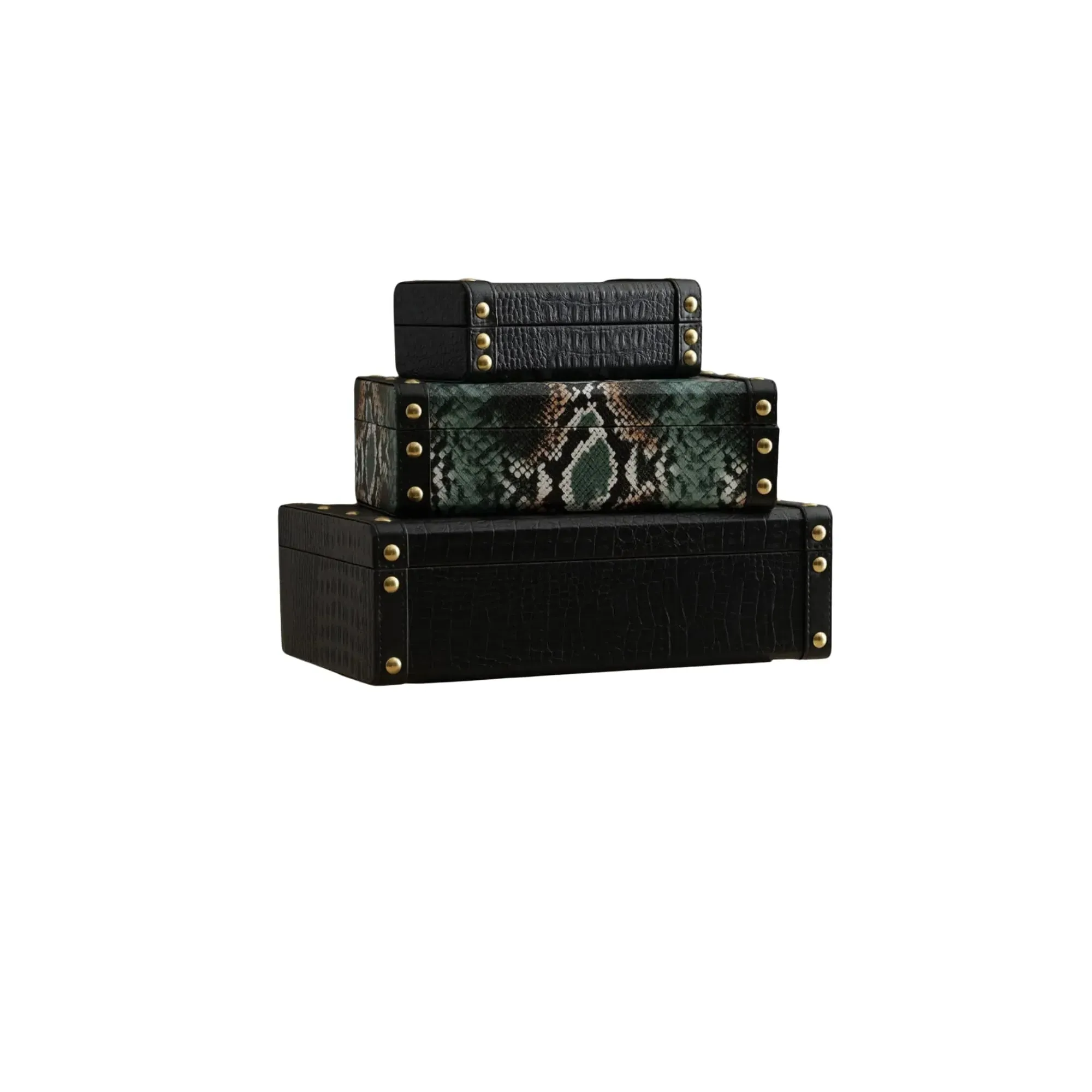 Three Piece Snake Leather Storage Box Set - Green/Black image