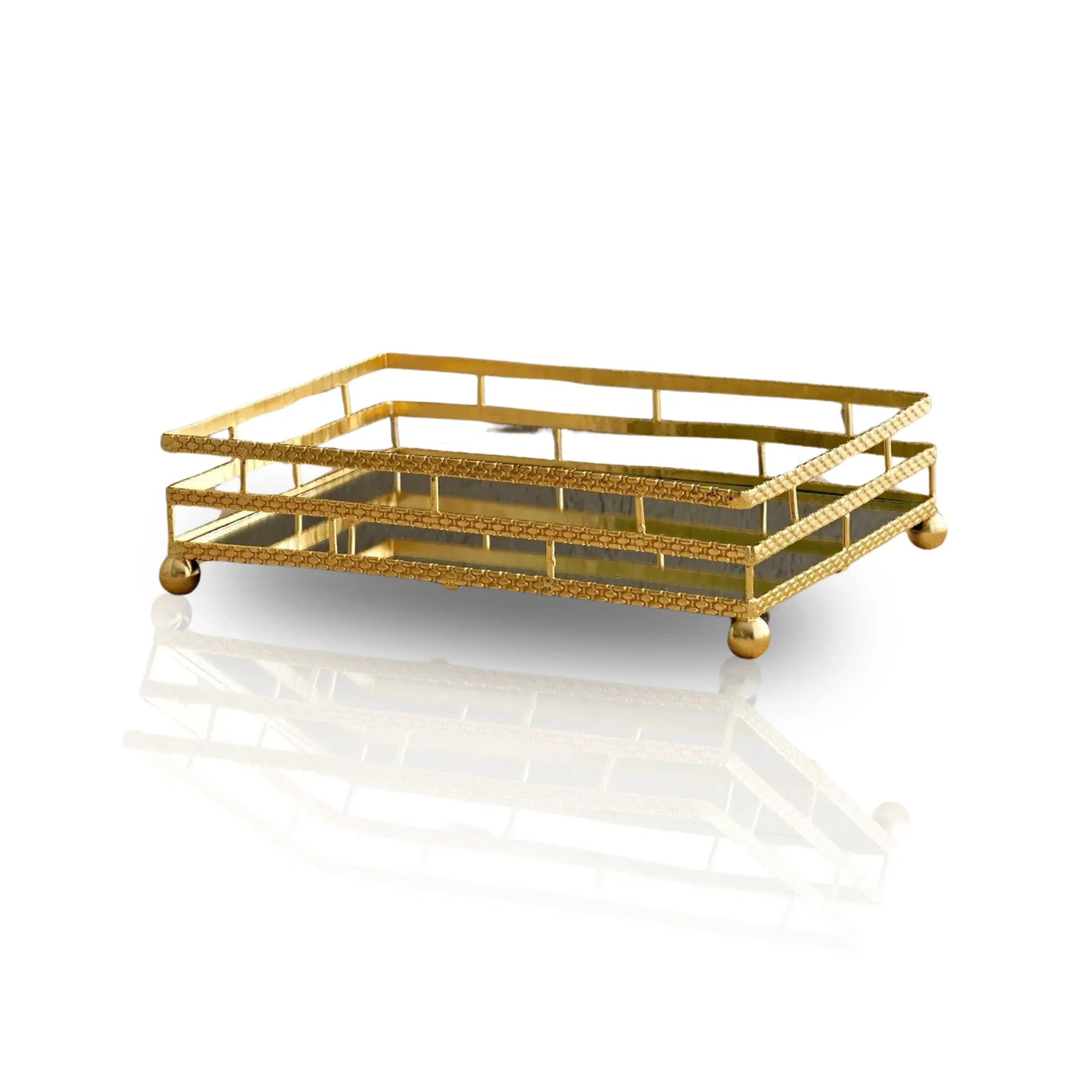 Three-Tier Golden Tray with Woven Detailing - Gold, Brass