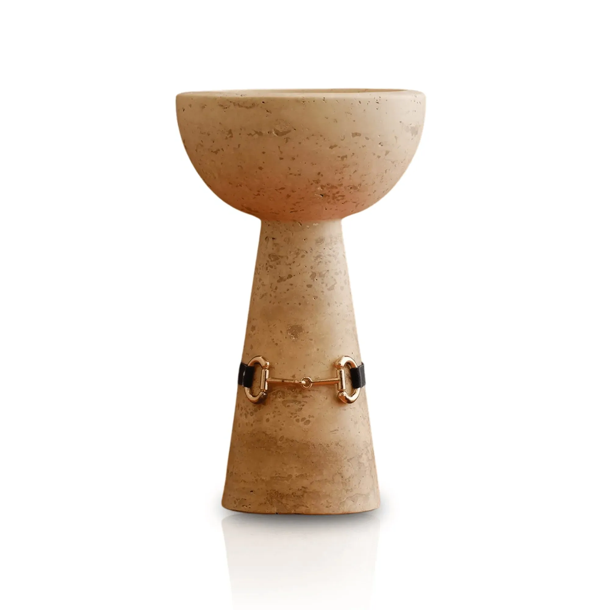 Travertine Pedestal Bowl with Leather Detail - Black