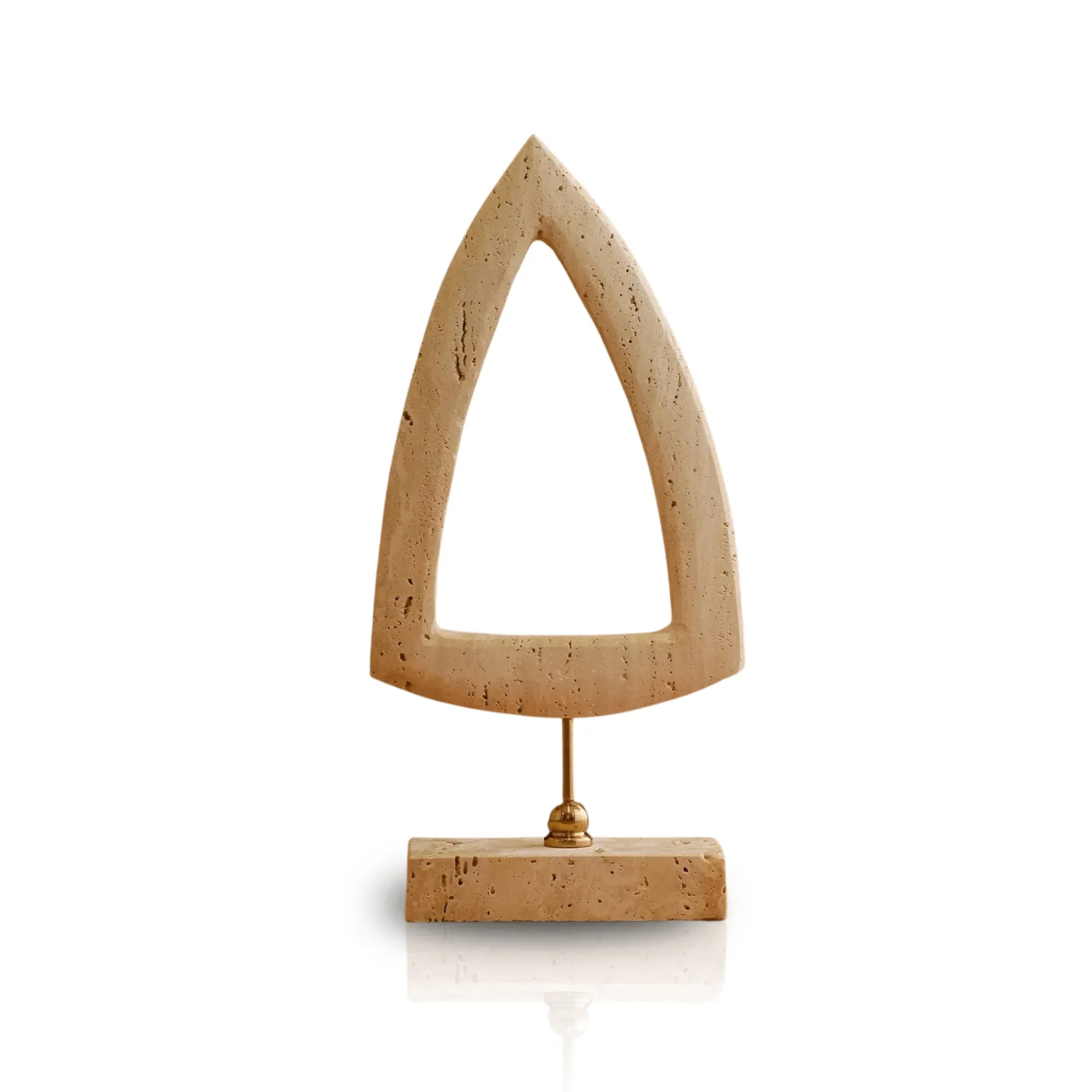 Triangle Travertine Sculpture with Brass Stand - Brown image