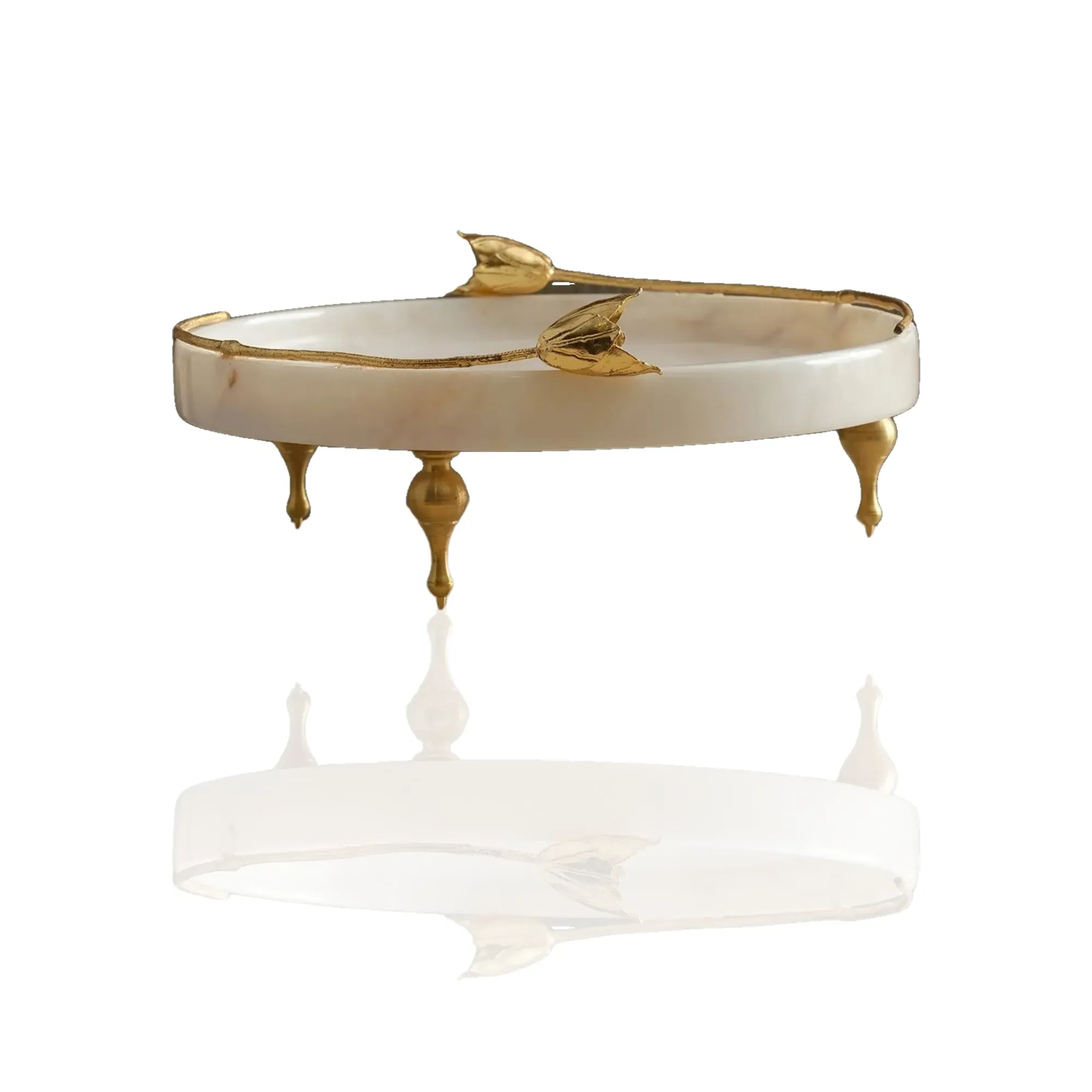 Twin Tulip Round Serving Tray - Gold, White Marble