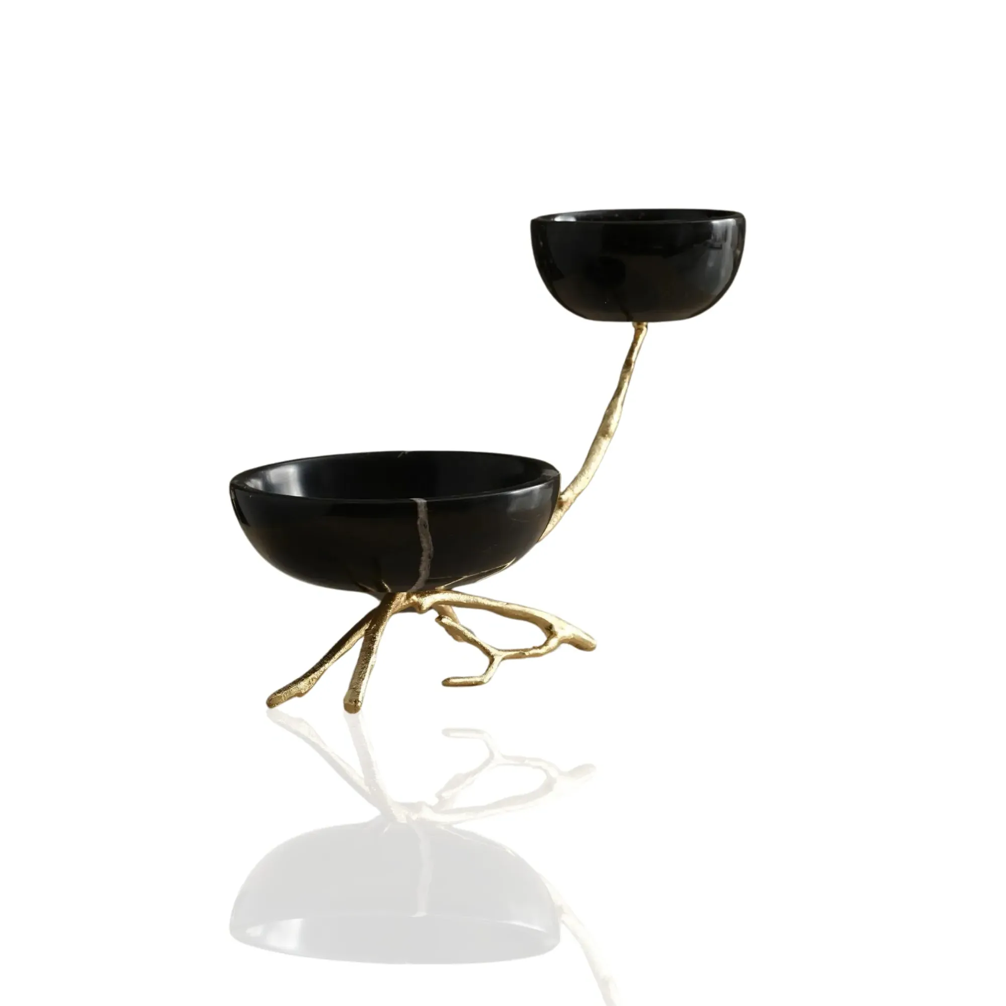Two-Tier Marble Serving Bowls with Gold Branch Base - Black