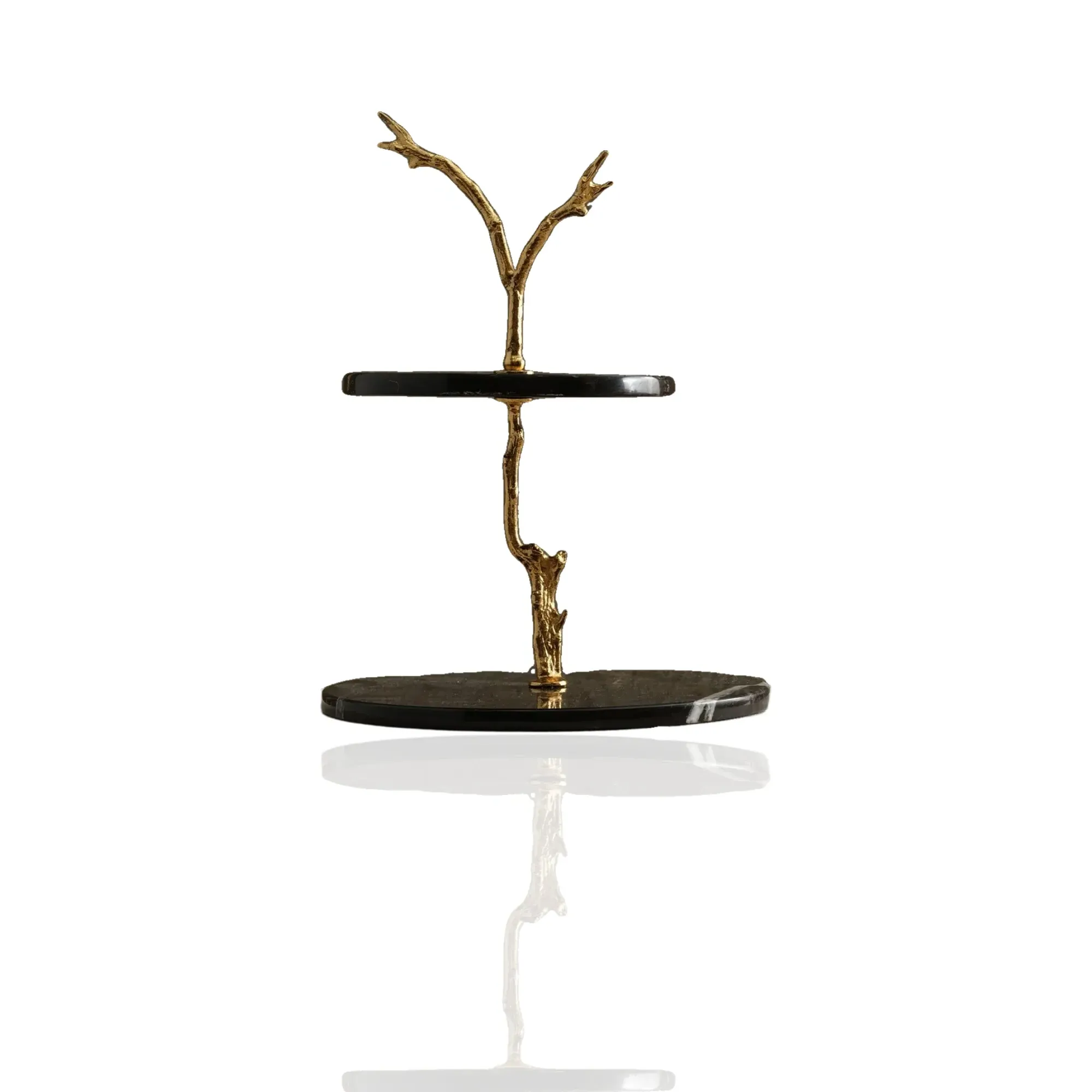 Two-Tier Marble Stand with Gold Branch Detail - Black image