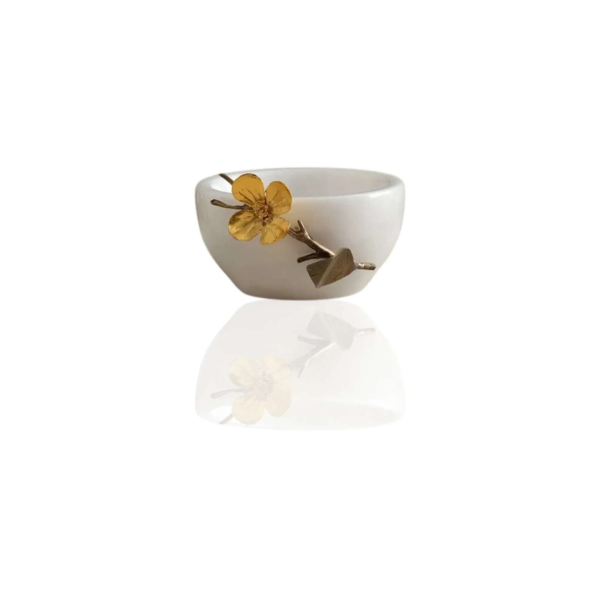 White Marble Bowl with Gold Flower Detail - White, Marble image