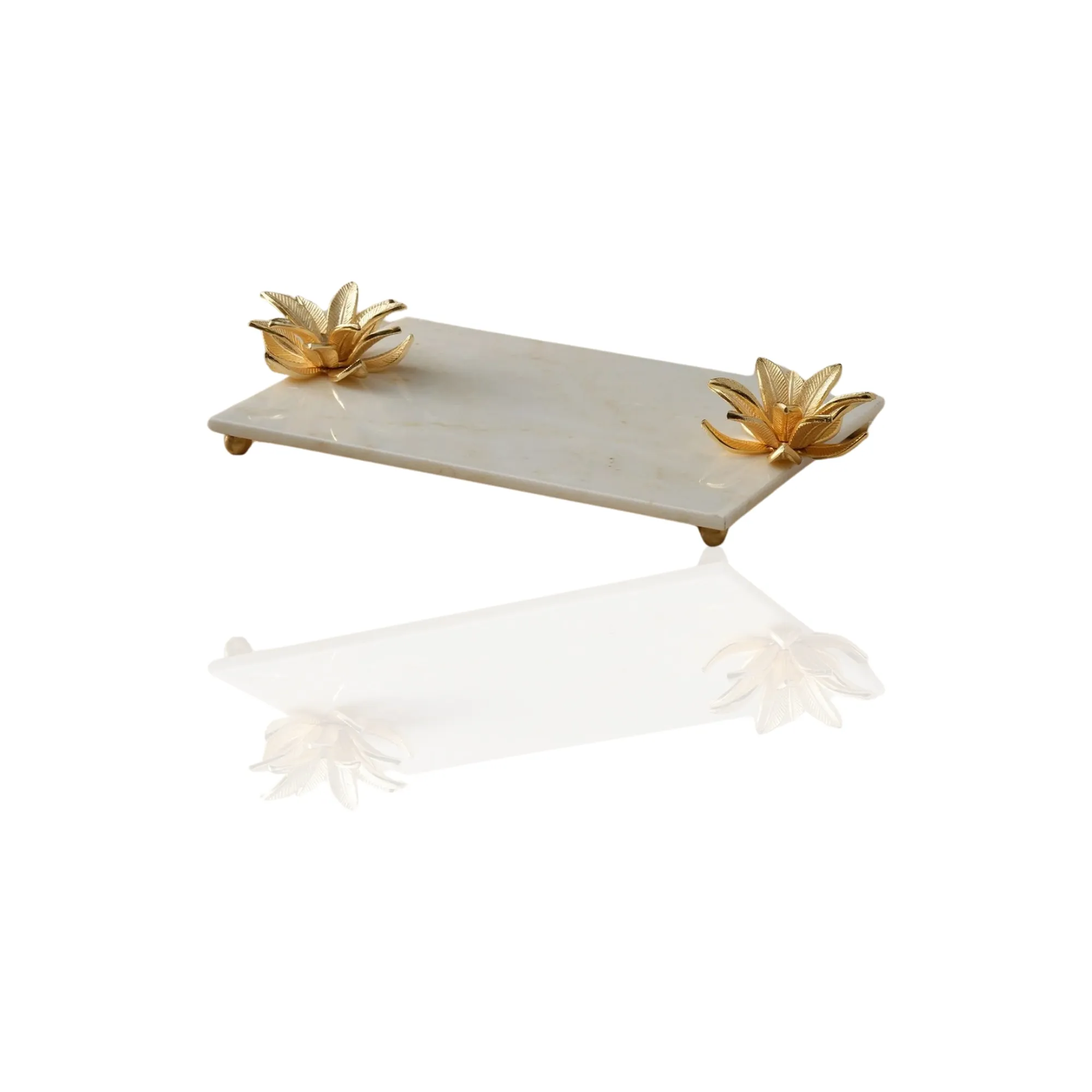 White Marble Tray with Gold Lotus Flower Handles - White