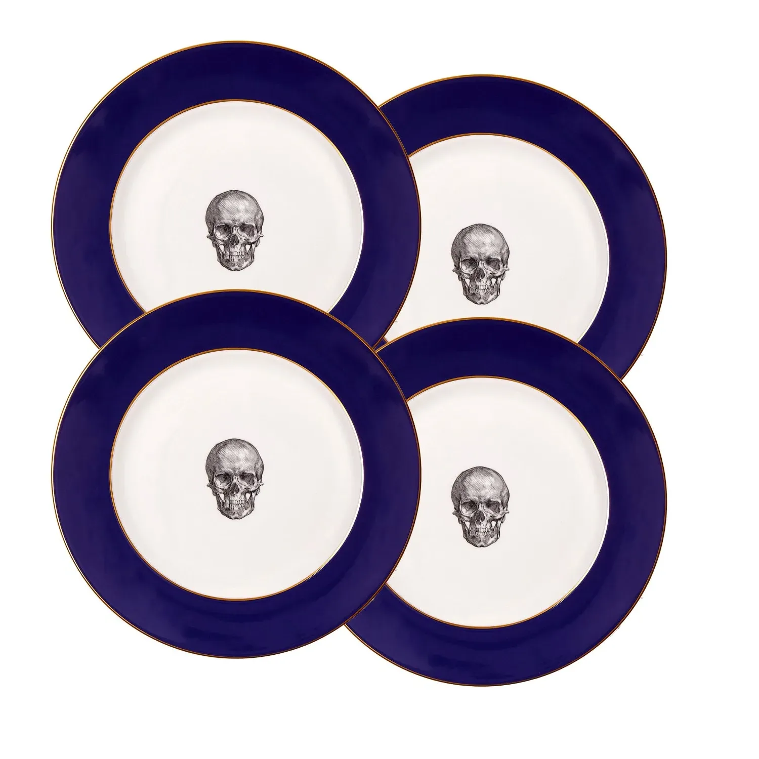 Cobalt Blue Skull Set of Four Dinner Plates - Blue, Bone China image