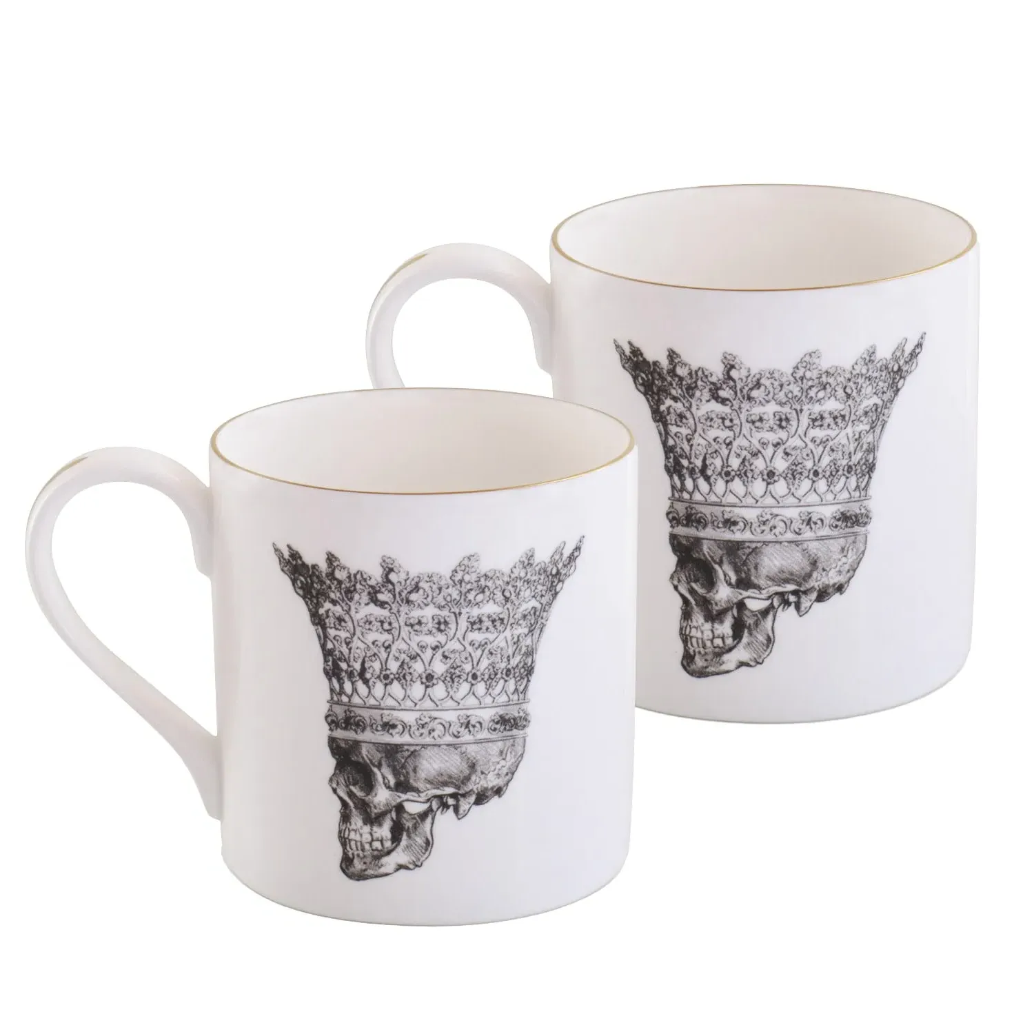 Large Skull In Crown Set Of Two Mugs - White, Bone China