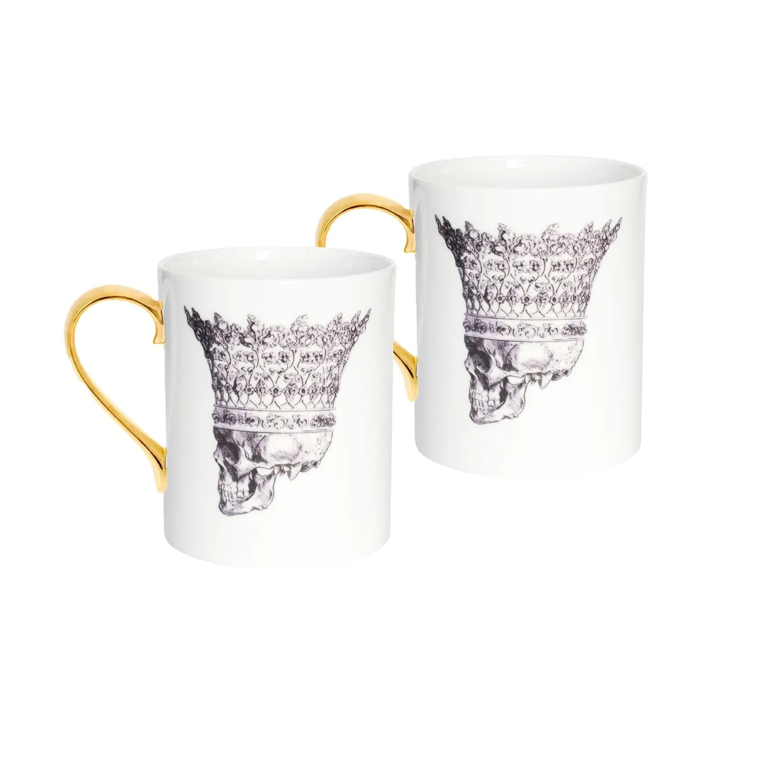Regal Skull In Crown Set Of Two Mugs - Gold, Bone China