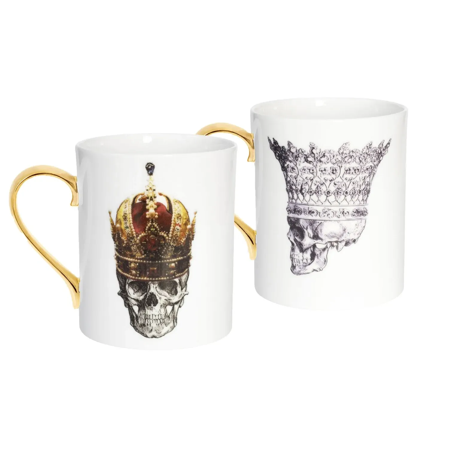 Skull In Crown Set Of Two Mugs - Gold, Bone China