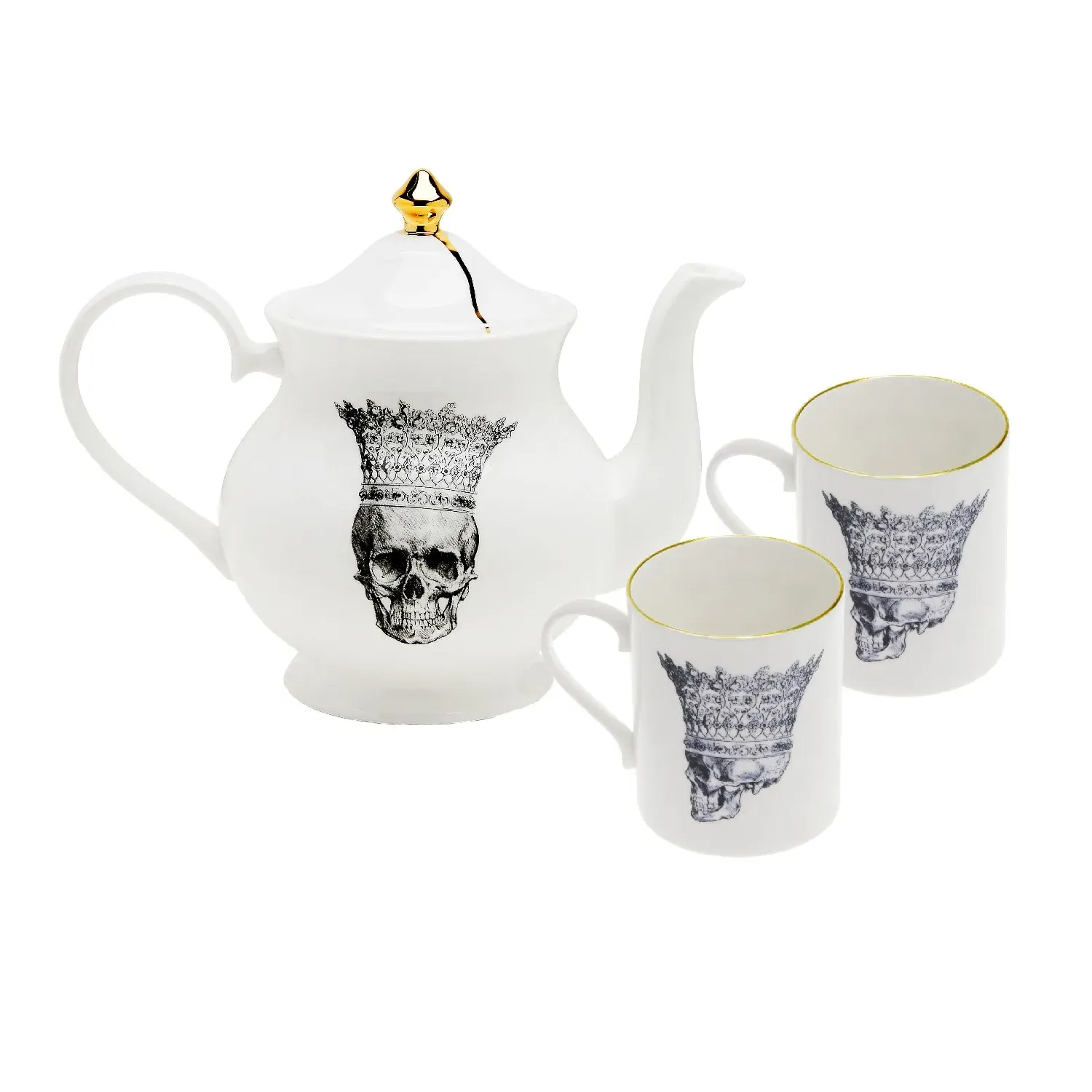 Skull In Crown Tea For Two Set - Gold, Bone China