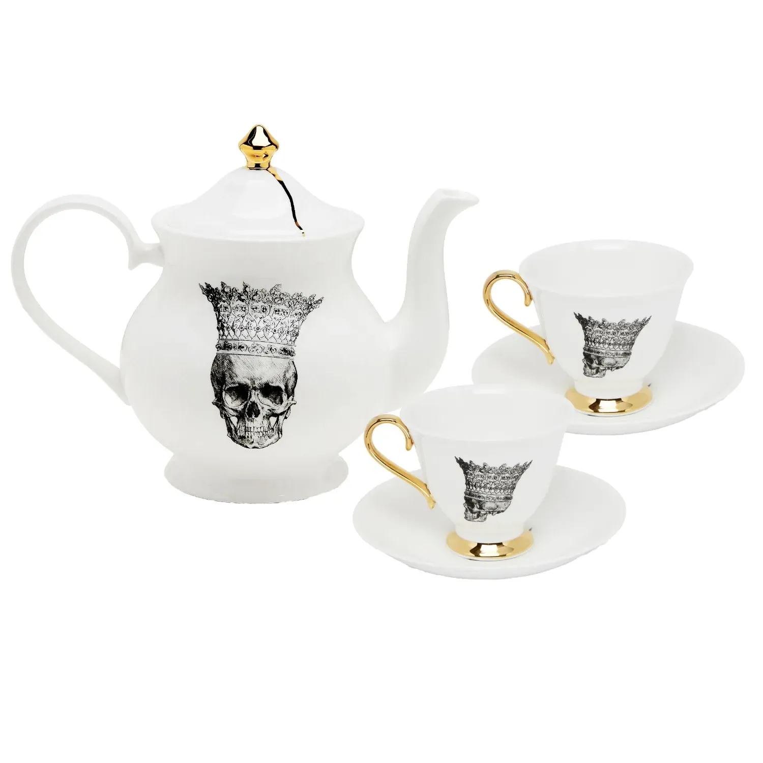 Skull In Crown Tea For Two Set - White, Bone China