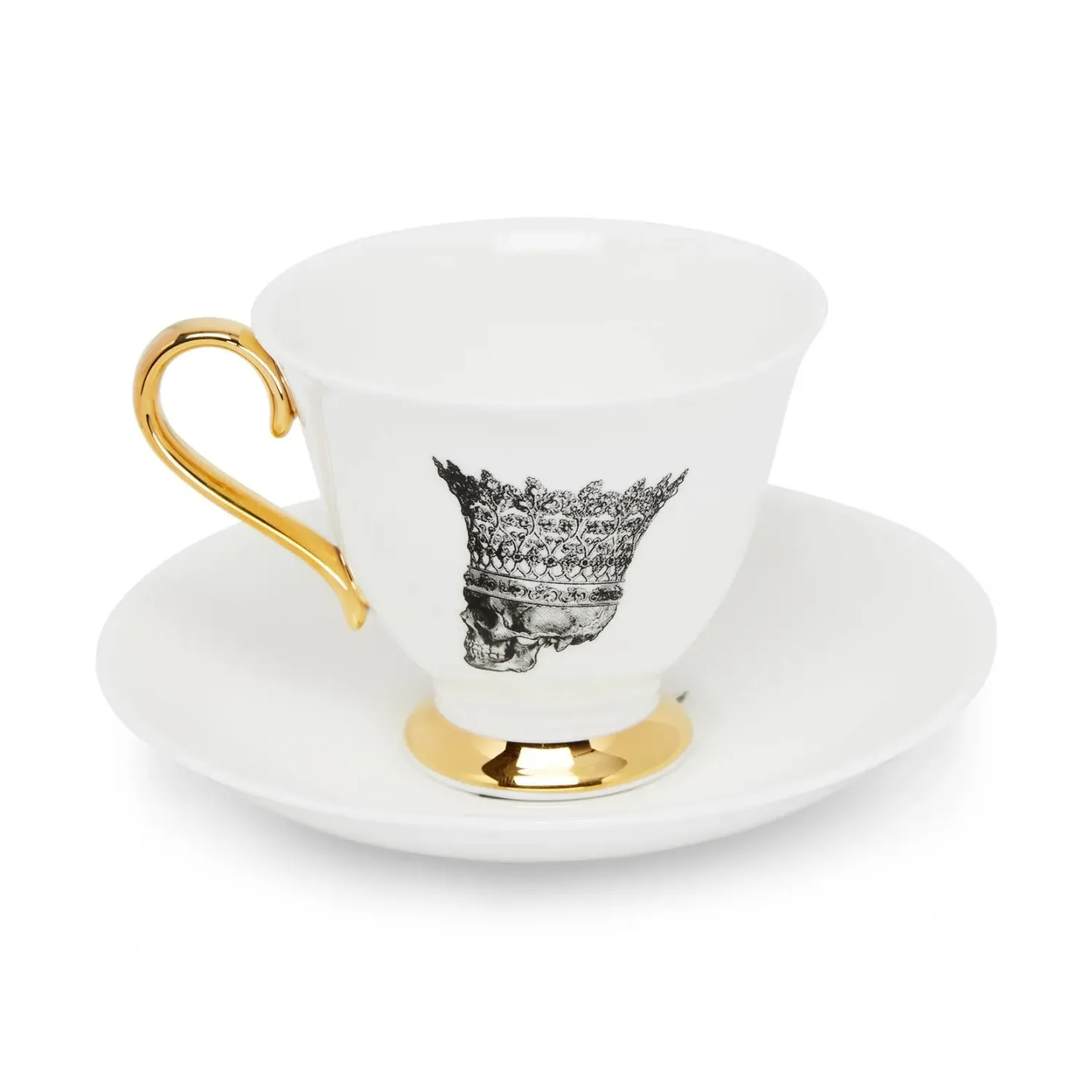 Skull In Crown Teacup & Saucer - White, Bone China